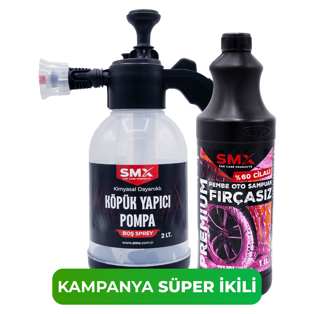 Pembe %60 Cilalı Fırçasız Oto Şampuanı 1Lt + KÖPÜK Yapıcı Kimyasal Dayanımlı Basınçlı Pompa 2 Litre
