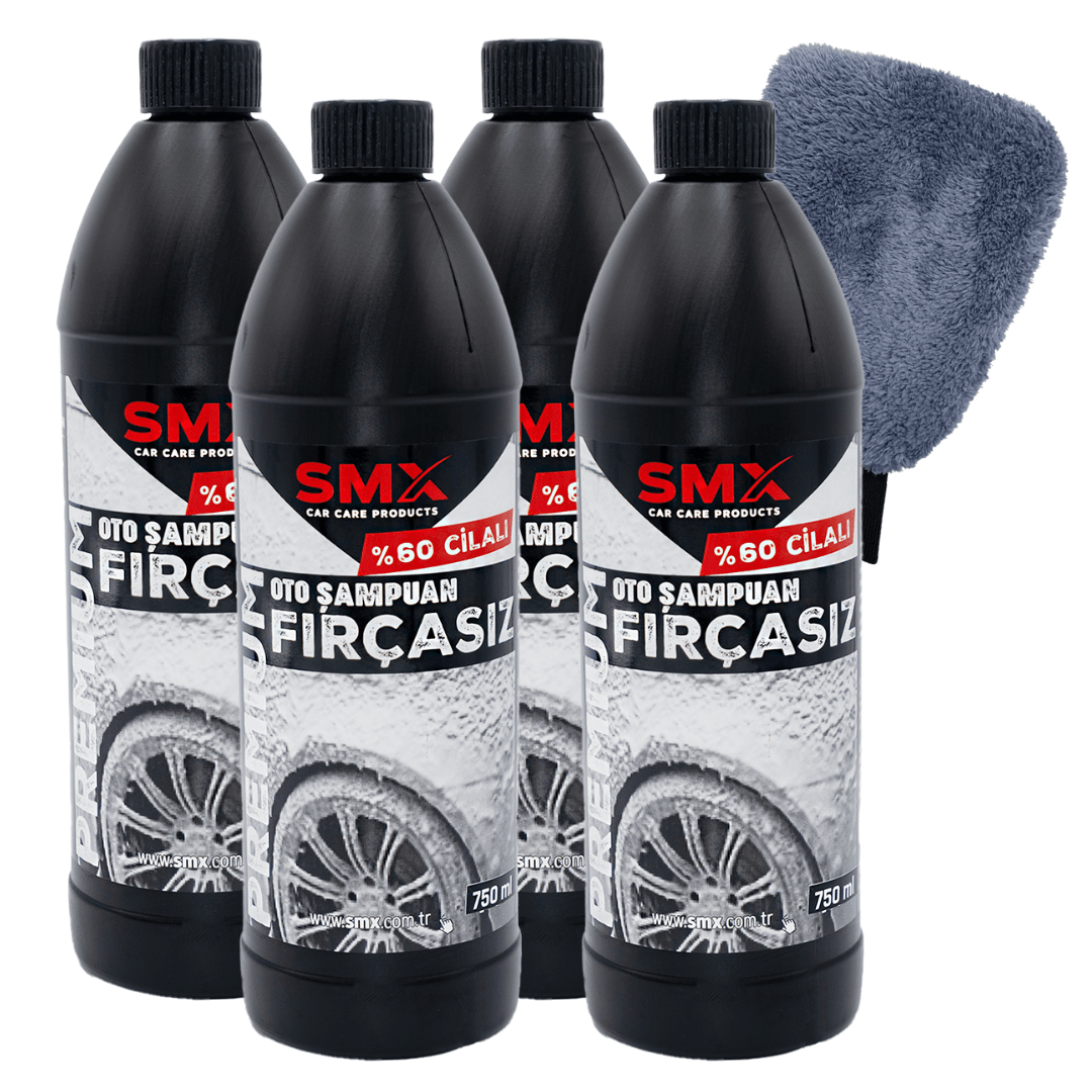 Premium %60 Cilalı Fırçasız Oto Şampuanı 750 ml 4 Adet + Mikrofiber Oto Yıkama Eldiveni