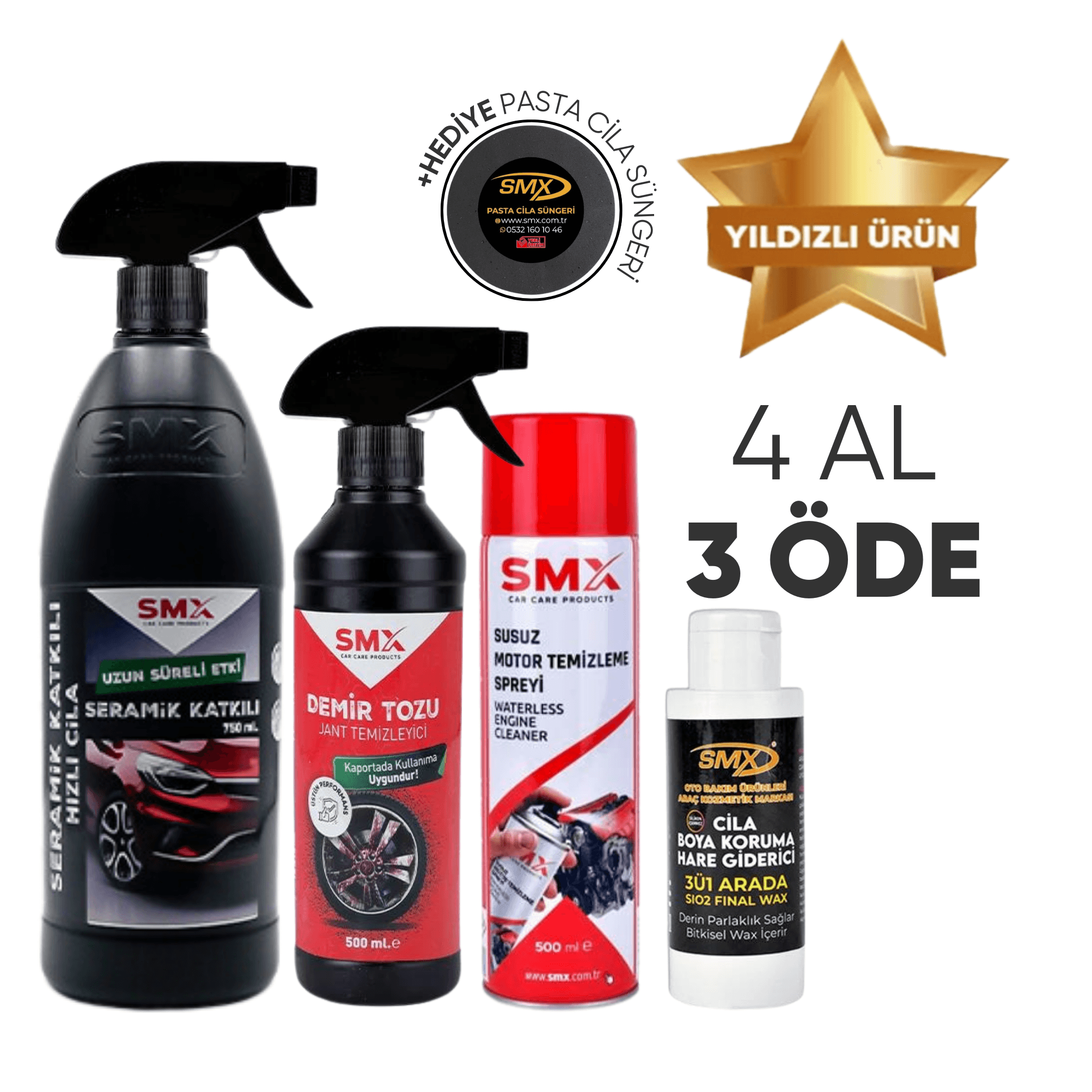 Demir Tozu & Jant Temizleyici 500Ml + Seramik Katkılı Hızlı ve Pratik Cila 1lt.+ Susuz Motor Temizleme Spreyi 500 Ml+ 3'Ü 1 Arada Cila-Boya Koruma-Hare Giderici 100 Ml