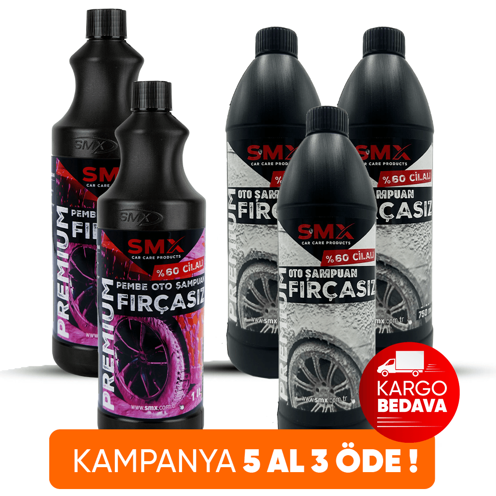 Premium %60 Cilalı Fırçasız Oto Şampuanı 750 ml 3 Adet +Premium Pembe %60 Cilalı Oto Şampuanı 1 Lt. 2 Adet  🎁 5 Al, 3 Öde!
