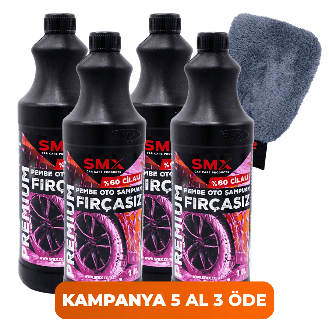Pembe %60 Cilalı Fırçasız Oto Şampuanı 1Lt. 4 Adet + Mikrofiber Oto Yıkama Eldiveni