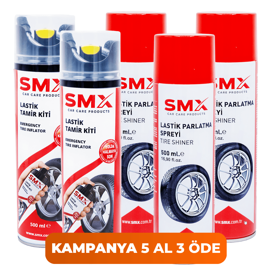 Lastik parlatma Spreyi 500 Ml 3 Adet + Lastik Tamir Kiti 500 ml 2Adet  🎁 5 Al, 3 Öde!