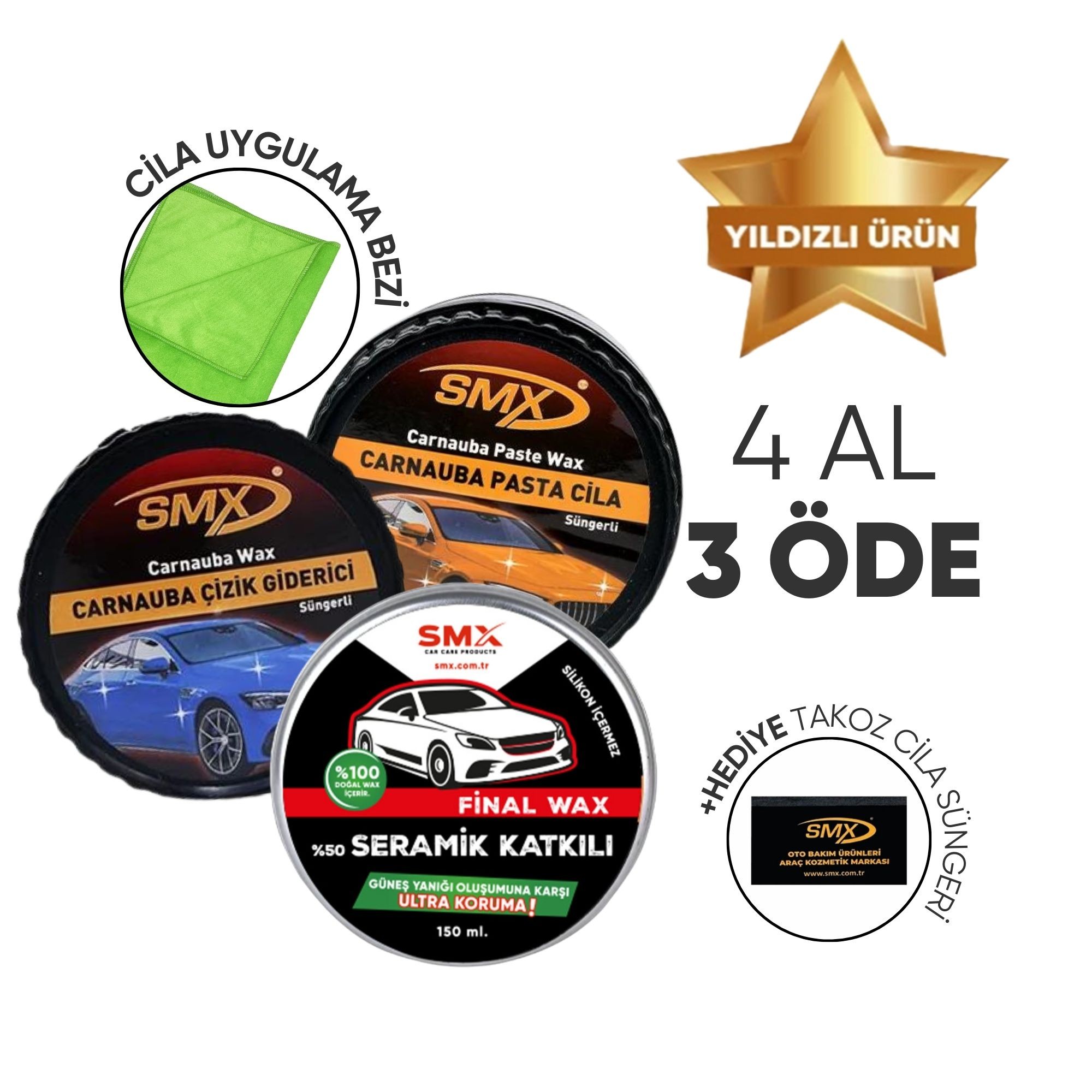 Çizik Giderici 270gr+Pasta Cila 270gr + Final Wax 150ml+ Hediye Takoz Cila Süngeri ve Cila Uygulama Bezi 🎁 4 Adet Al, 3 Öde!