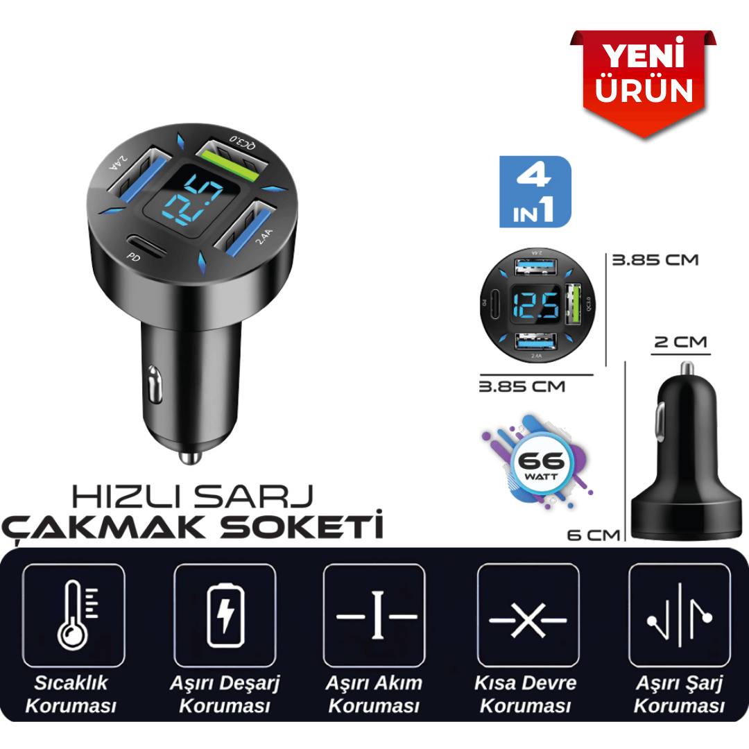 Araç İçi Çakmaklık Uyumlu Hızlı Şarj Soketi Ekranlı 4in1 Digital BR5901848