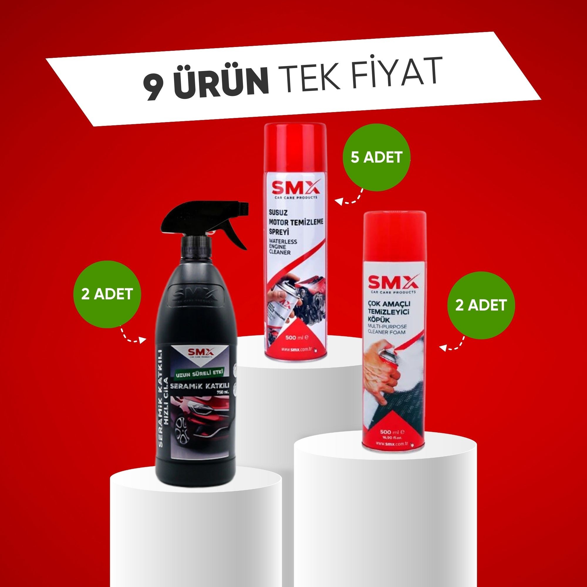 (9 Ürün Tek Fiyat) Susuz Motor Temizleme 500ml 5 Adet+Seramik Katkılı Hızlı ve Pratik Cila 750 ml. 2 Adet+ Çok Amaçlı Temizleyici Köpük 500ml 2 Adet