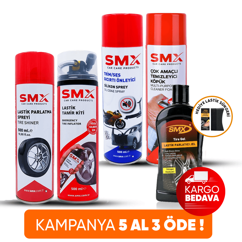  Trim-Ses-Gıcırtı Önleyici Sprey 500 ml + Lastik Tamir Kiti 500ml + Susuz Motor Temizleyici 500 ml + Çok Amaçlı Temizleyici Köpük 500 ml + Jel Lastik Parlatıcı 500 ml 🎁 5 Adet Al, 3 Öde!