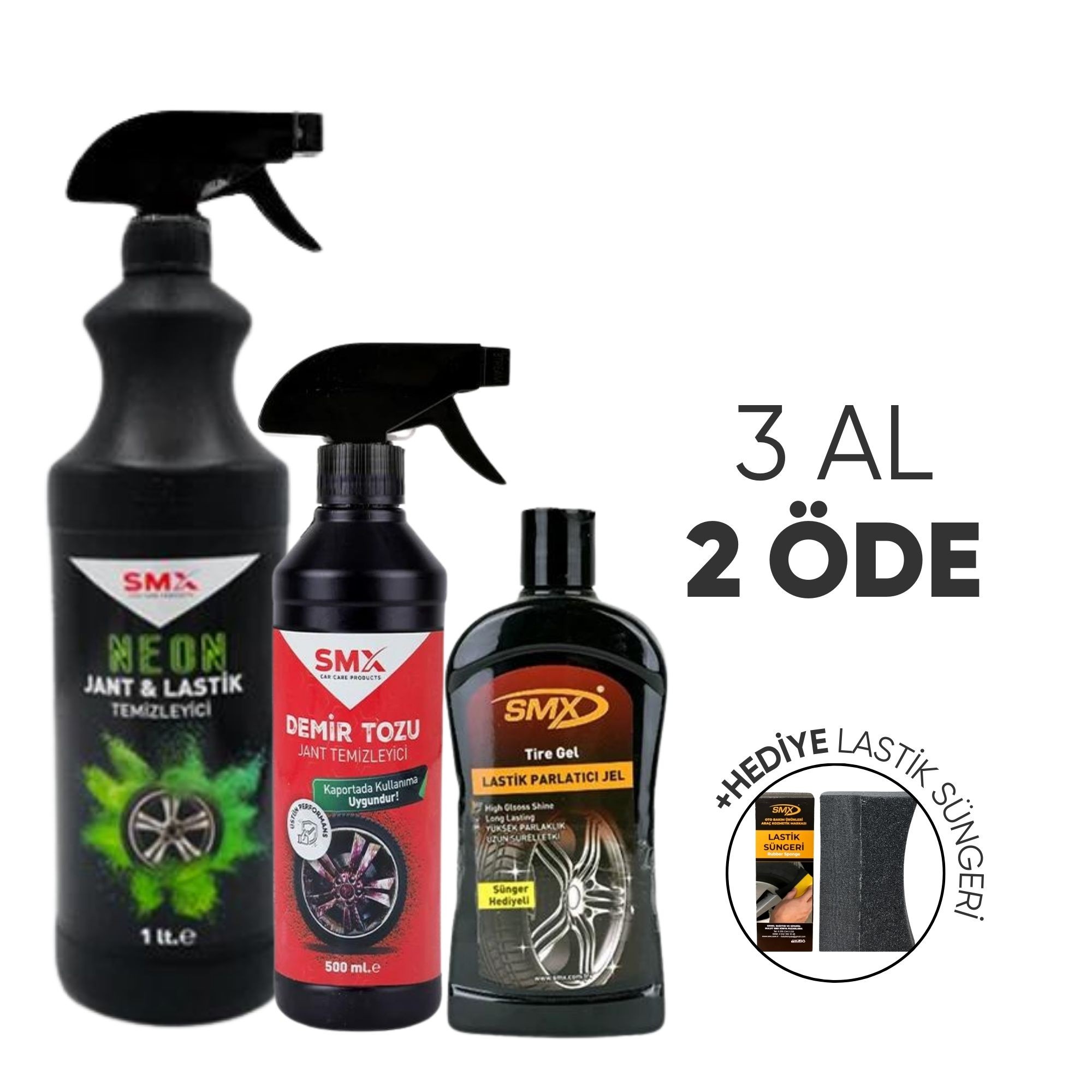  Neon Jant & Lastik Temizleyici 1 Lt.+ Jel Lastik Parlatıcı 500 Ml + Demir Tozu & Jant Temizleyici 500 mL+ Sünger Hediye