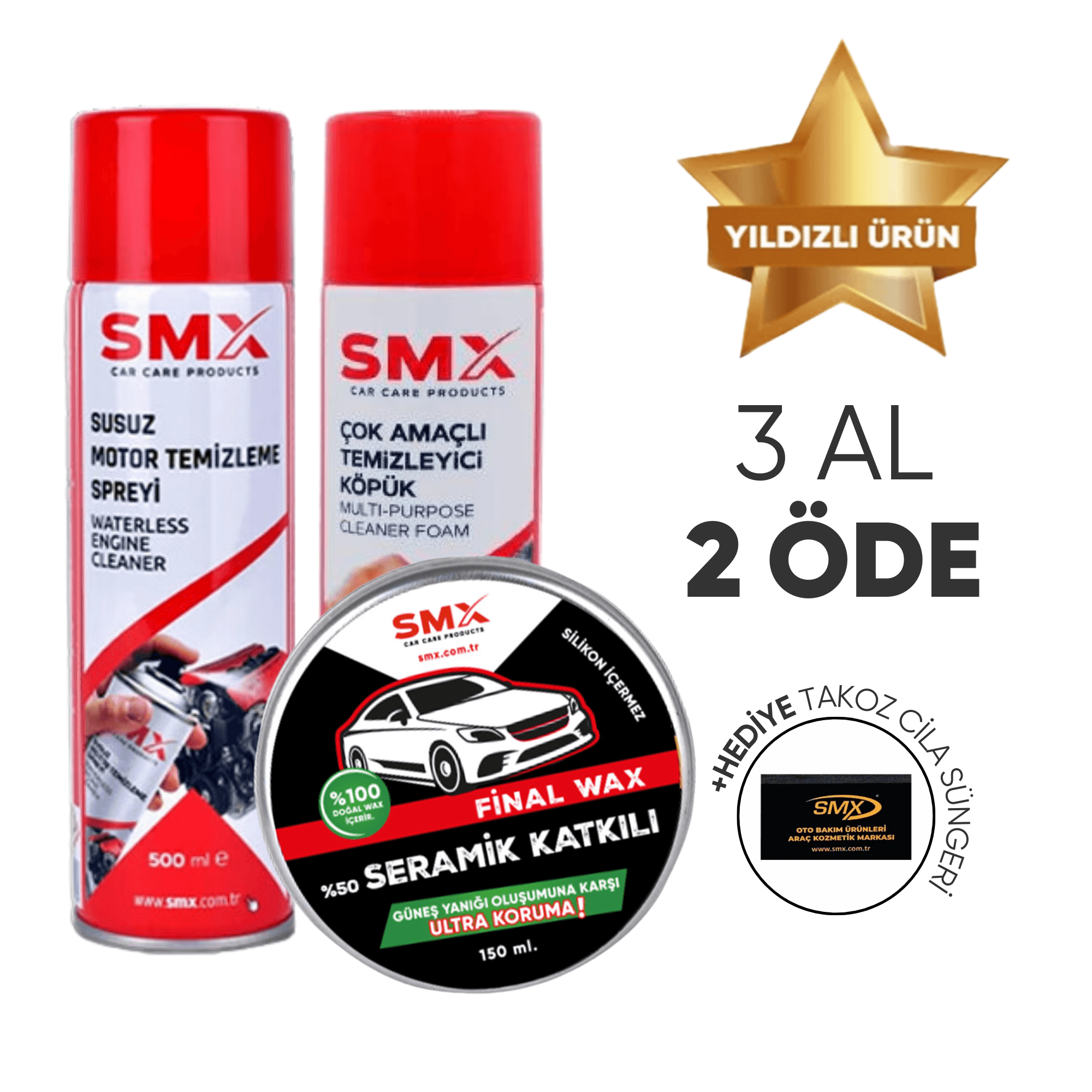 Susuz Motor Temizleme Spreyi 500 mL+ Çok Amaçlı Temizleyici Köpük 500 Ml + Final Wax 150 Ml + Hediye Takoz Cila Süngeri 🎁 3 Adet Al, 2 Öde!