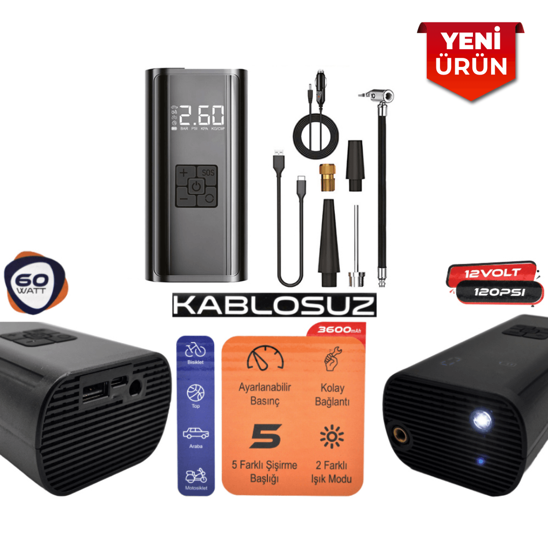 60W Şarjlı Dijital Hava Kompresörü - Kablosuz & Taşınabilir 12v - 120 PSI Br 249 1330