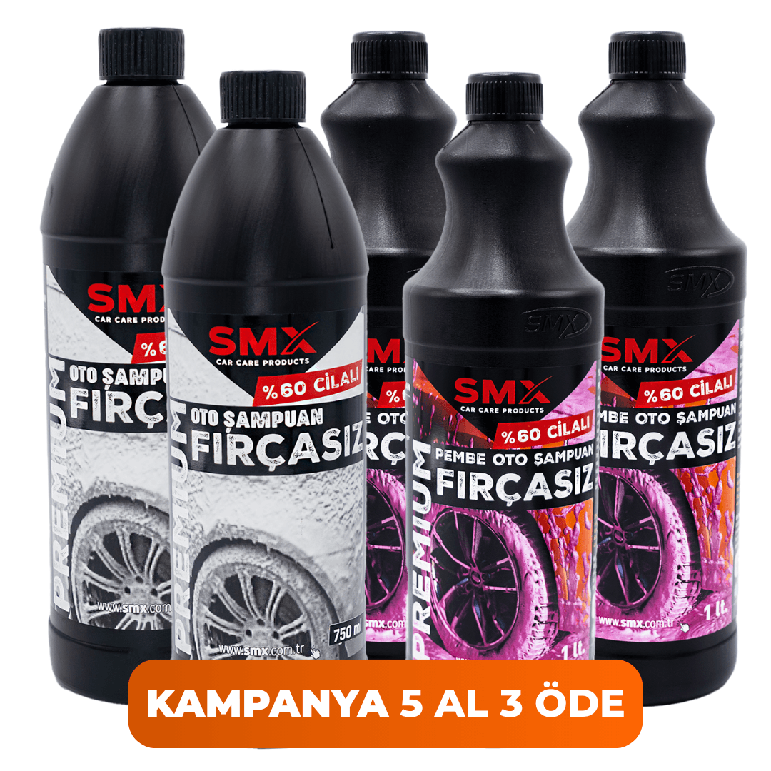 Premium Pembe %60 Cilalı Oto Şampuanı 750 ml 3 Adet +Premium %60 Cilalı Fırçasız Oto Şampuanı 1 Lt 2 Adet 🎁 5 Adet Al, 3 Öde!
