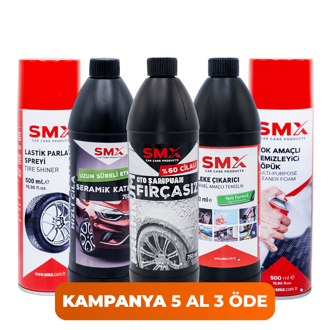 Leke Çıkarıcı 750ml + Seramik Katkılı Hızlı ve Pratik Cila 750ml. + %60 Cilalı Oto Şampuanı 750 ml +Çok Amaçlı Temizleyici Köpük 500 ml. + Lastik Parlatıcı Sprey 500 ml 🎁 5 Al, 3 Öde!