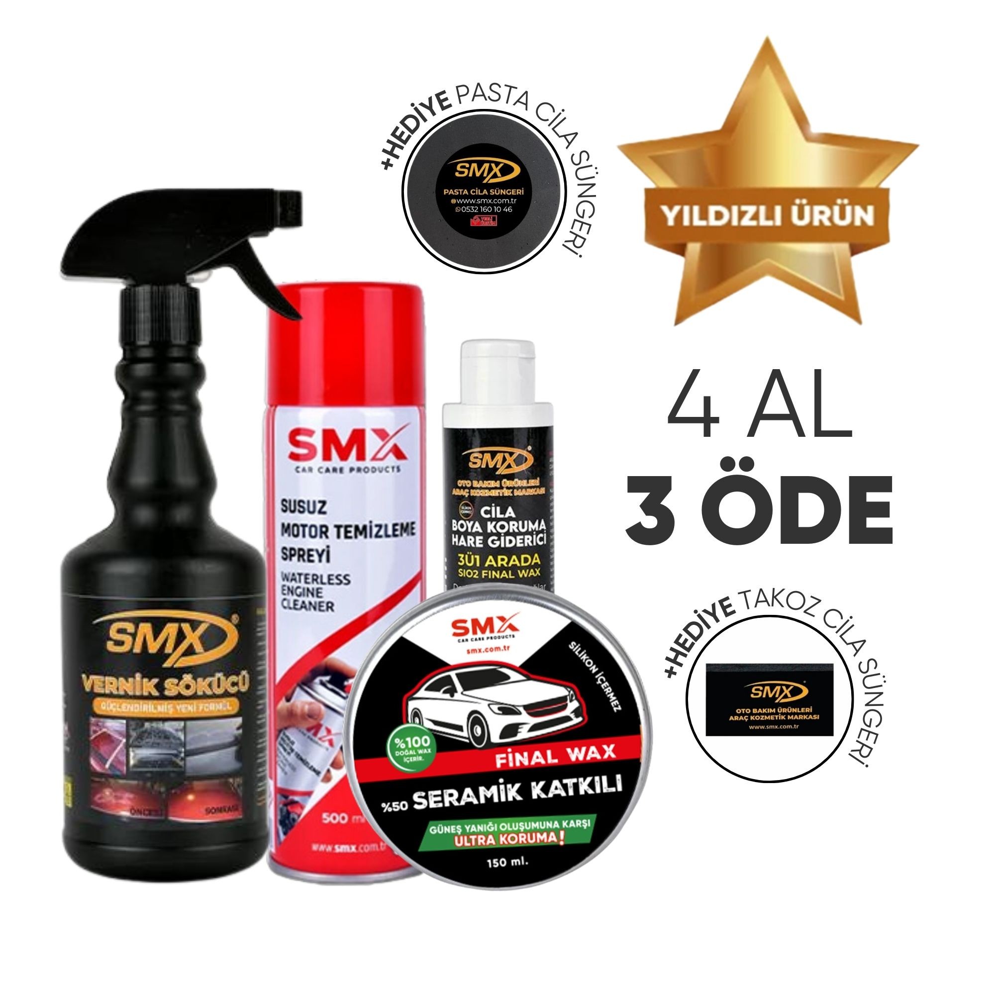 Susuz Motor Temizleme 500ml+Vernik Sökücü 500 Ml + 3'Ü 1 Arada Cila-Boya Koruma-Hare Giderici 100 Ml+ Final Wax 150 ml 🎁 4 Adet Al, 3 Öde!