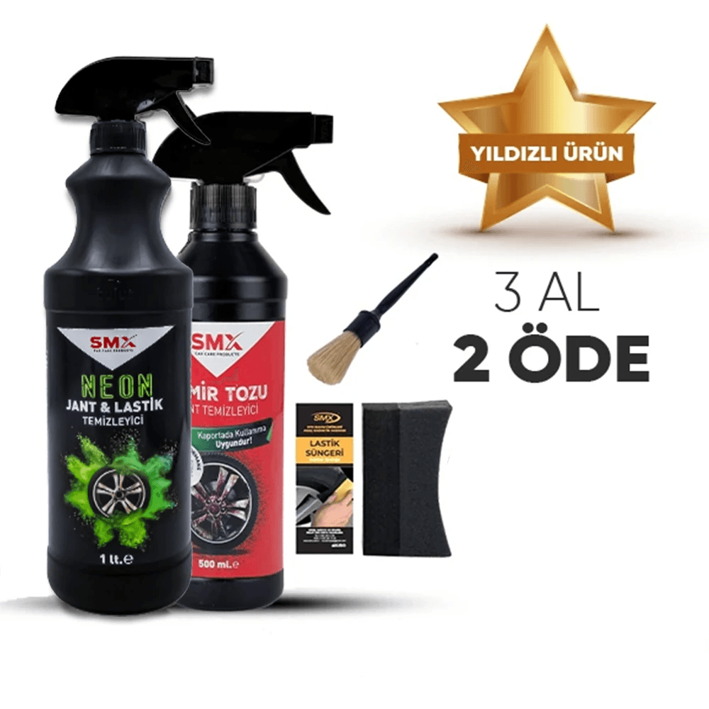 Neon Jant & Lastik Temizleyici 1Lt.+ Demir Tozu & Jant Temizleyici 500 Ml+ Detay Temizlik Fırçası + Lastik Süngeri  🎁 3 Adet Al, 2 Öde!