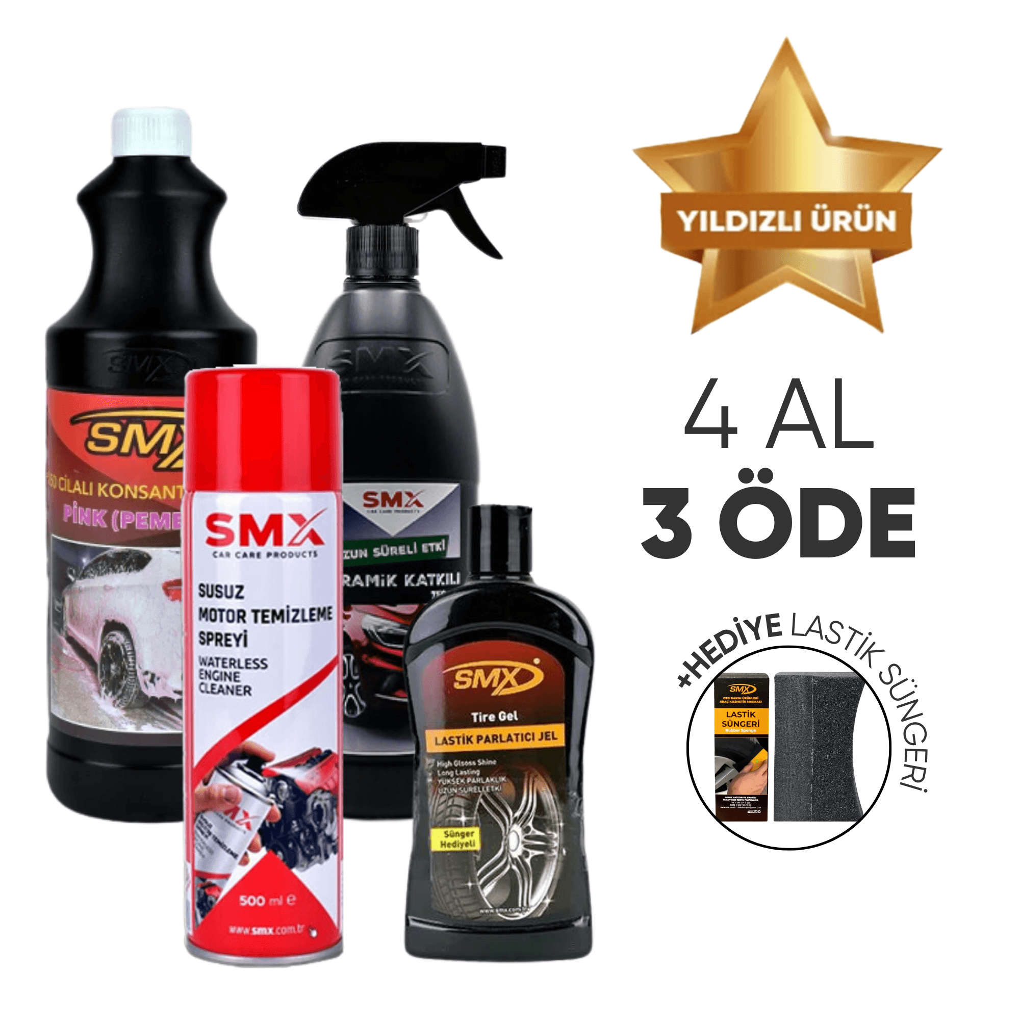 Seramik Katkılı Hızlı ve Pratik Cila 750ml.+ Susuz Motor Temizleyici 500 Ml+Pink %50 Cilalı Oto Şampuanı 1 Lt.+Jel Lastik Parlatıcı 500ml 🎁 4 Adet Al, 3 Öde! 