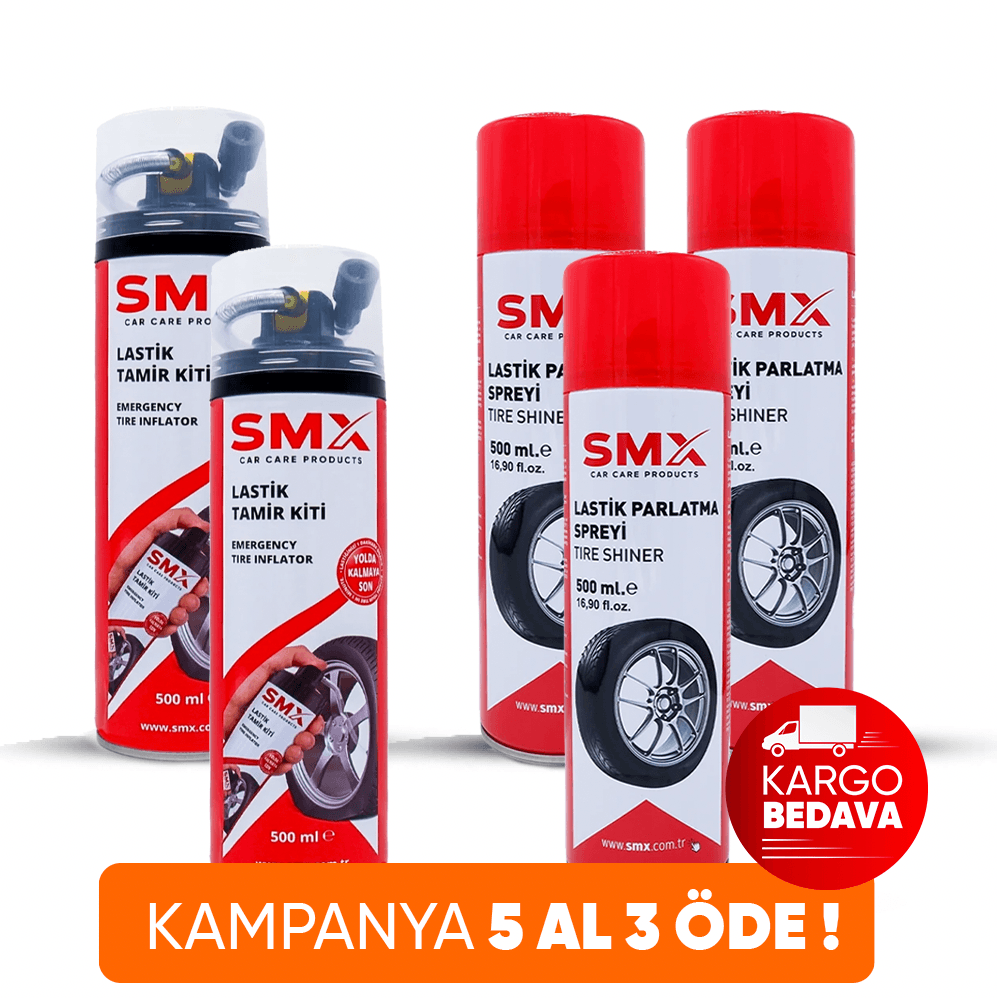 Lastik parlatma Spreyi 500 Ml 3 Adet + Lastik Tamir Kiti 500 ml 2Adet  🎁 5 Al, 3 Öde!