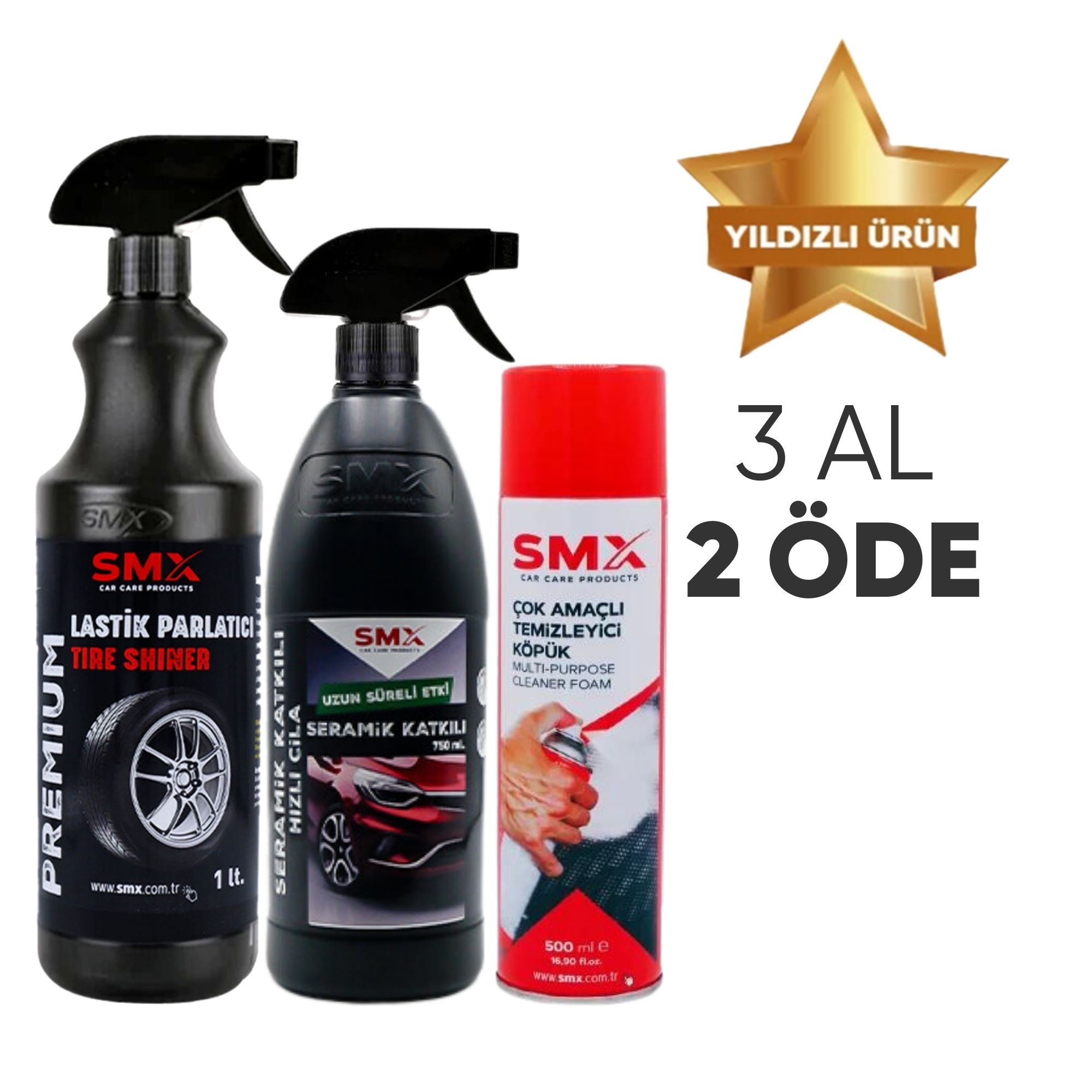 Çok Amaçlı Temizleyici Köpük  500 Ml + Seramik Katkılı Hızlı ve Pratik Cila 1Lt.+ Lastik Parlatıcı 1Lt. 🎁 3 Adet Al, 2 Öde!