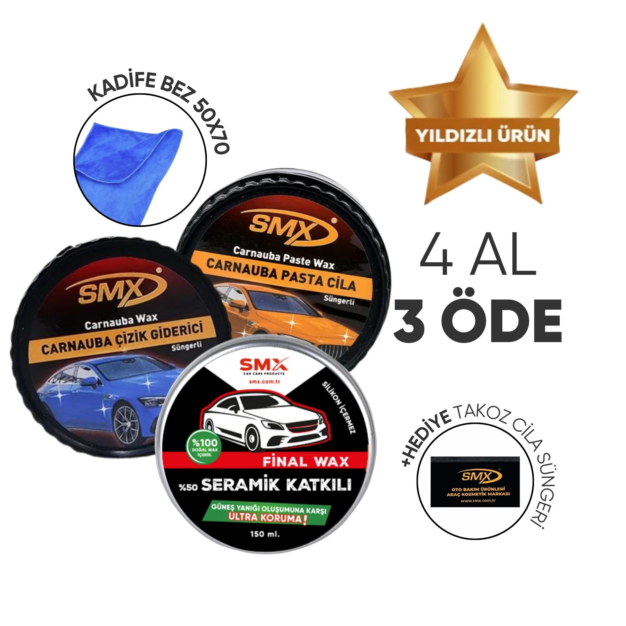 Çizik Giderici 270gr+Pasta Cila 270gr + Final Wax 150ml+Kadife Bez+ Hediye Takoz Cila Süngeri 🎁 4 Adet Al, 3 Öde!