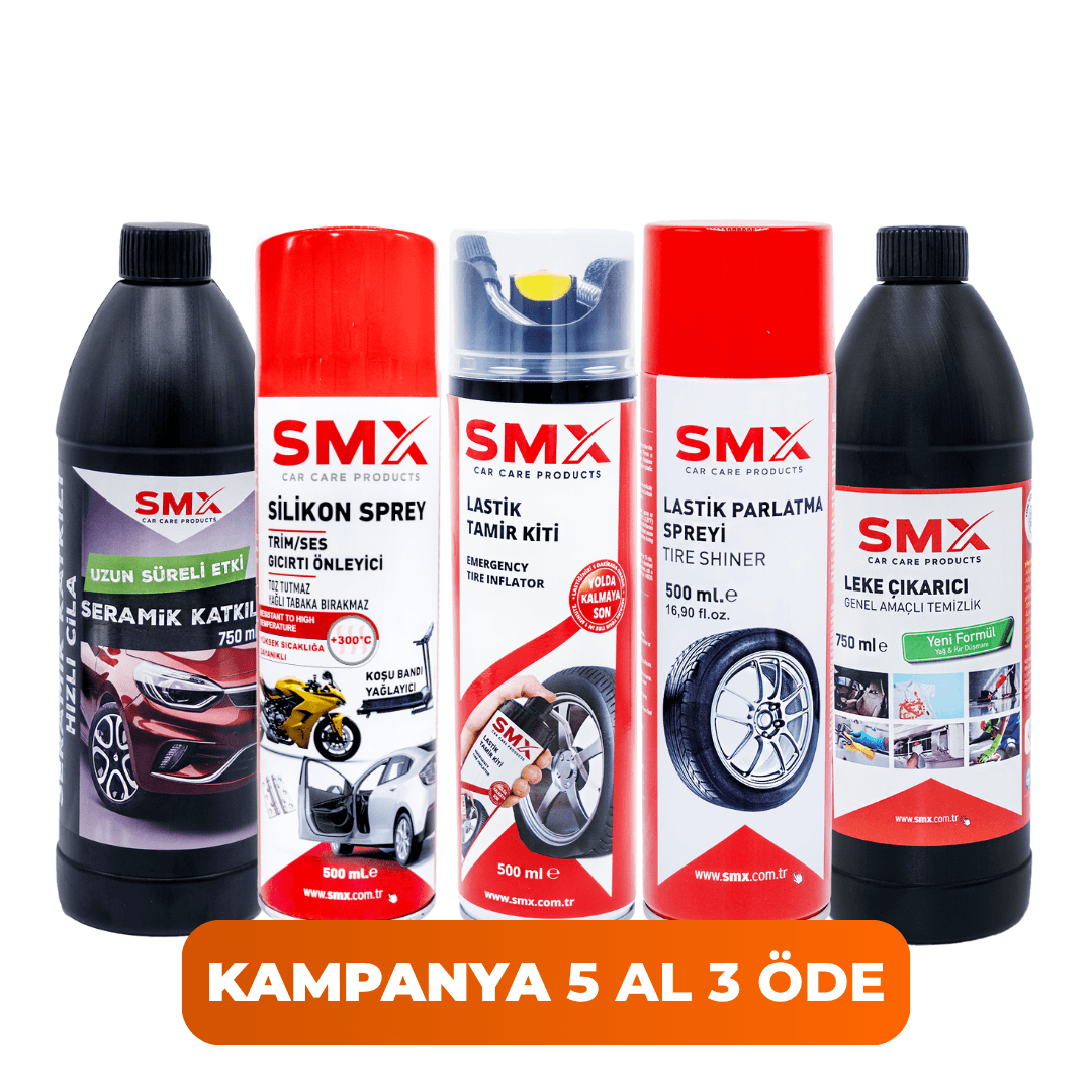 Leke Çıkarıcı 750ml + Seramik Katkılı Hızlı ve Pratik Cila 750ml + Trim-Ses-Gıcırtı Önleyici Sprey 500 mL. + Lastik Parlatma Spreyi 500 mL. + Lastik Tamir Kiti 500 ml +  🎁 5 Al, 3 Öde!