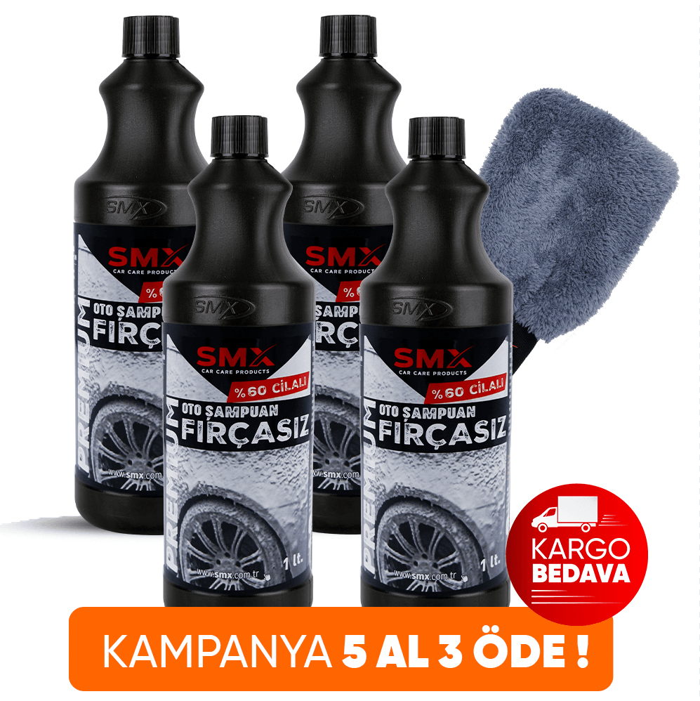 Premium %60 Cilalı Fırçasız Oto Şampuanı 1 Lt. 4 Adet + Mikrofiber Oto Yıkama Eldiveni