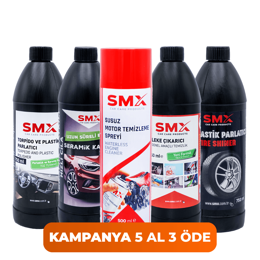 Susuz Motor Temizleme Spreyi 500 Ml + Seramik Katkılı Hızlı ve Pratik Cila750ml.+ Leke Çıkarıcı /Genel Amaçlı Temizlik Ürünü 750ml. + Torpido ve Plastik Parlatıcı 750ml.+ Lastik Parlatıcı 750ml.