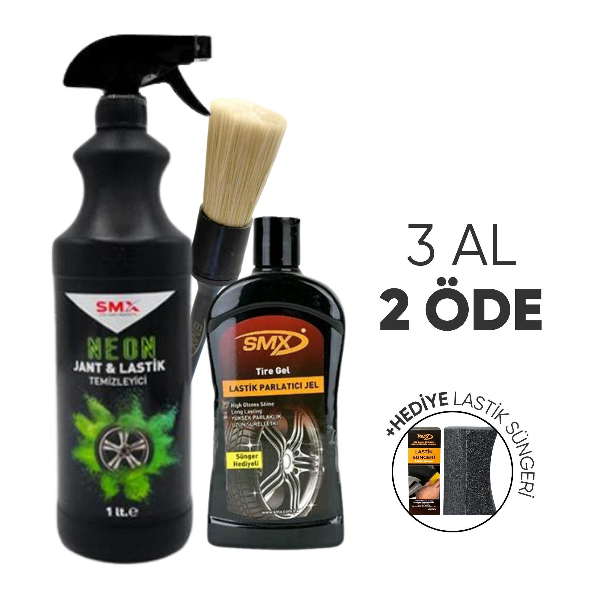  Neon Jant & Lastik Temizleyici 1 Lt.+ Jel Lastik Parlatıcı 500 Ml+Detay Fırçası+ Sünger Hediye