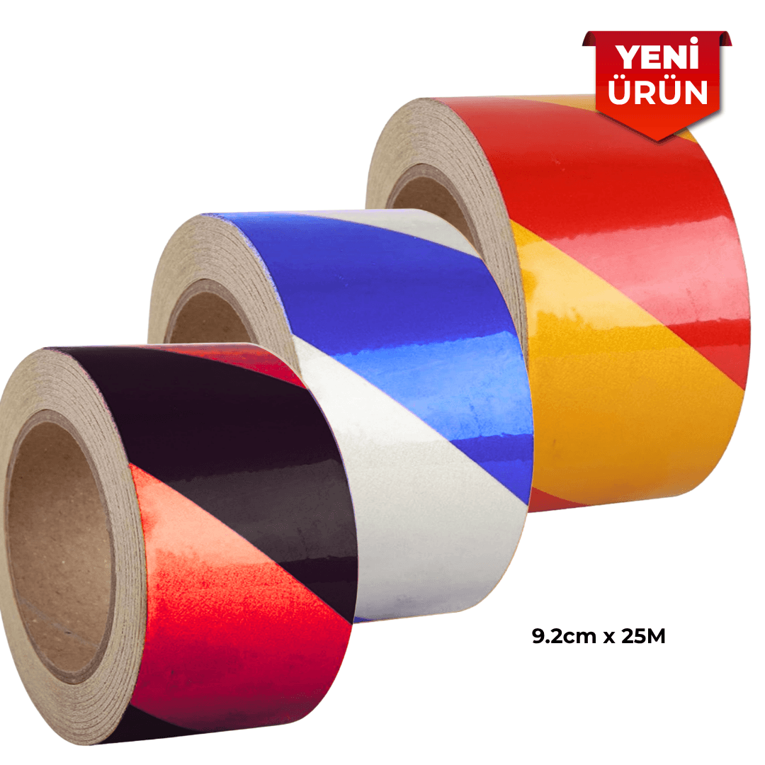 Reflektif Fosforlu Çapraz Şerit Bant, Çift Renk Reflekte İkaz Bandı 9.2cm x 25M