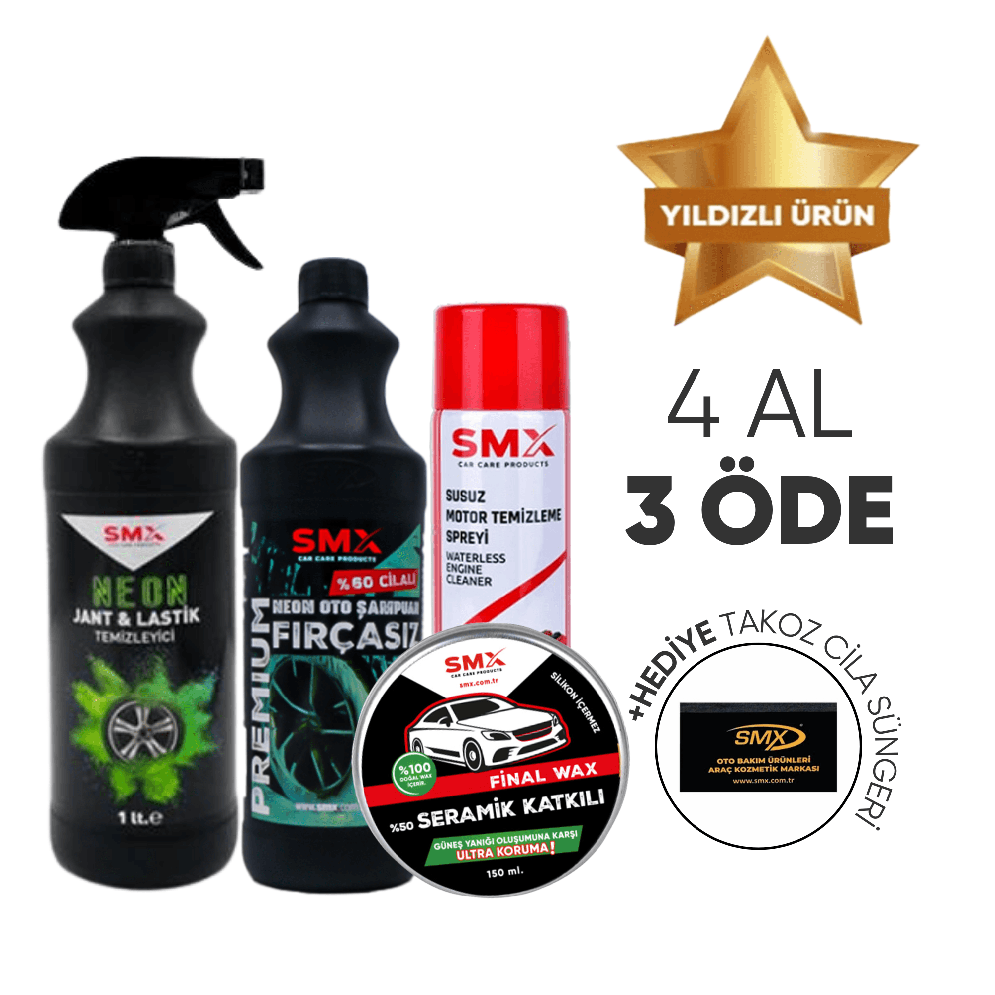 Susuz Motor Temizleyici 500ml+ Neon Jant Temizleyici 1lt+ %60 Cilalı Neon Oto Şampuanı 1lt + Final Wax 150ml 🎁 4 Adet Al, 3 Öde! 