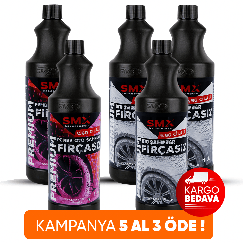 Premium %60 Cilalı Fırçasız Oto Şampuanı 1 Lt 3 Adet +Premium Pembe %60 Cilalı Oto Şampuanı 1 Lt. 2 Adet  🎁 5 Al, 3 Öde!