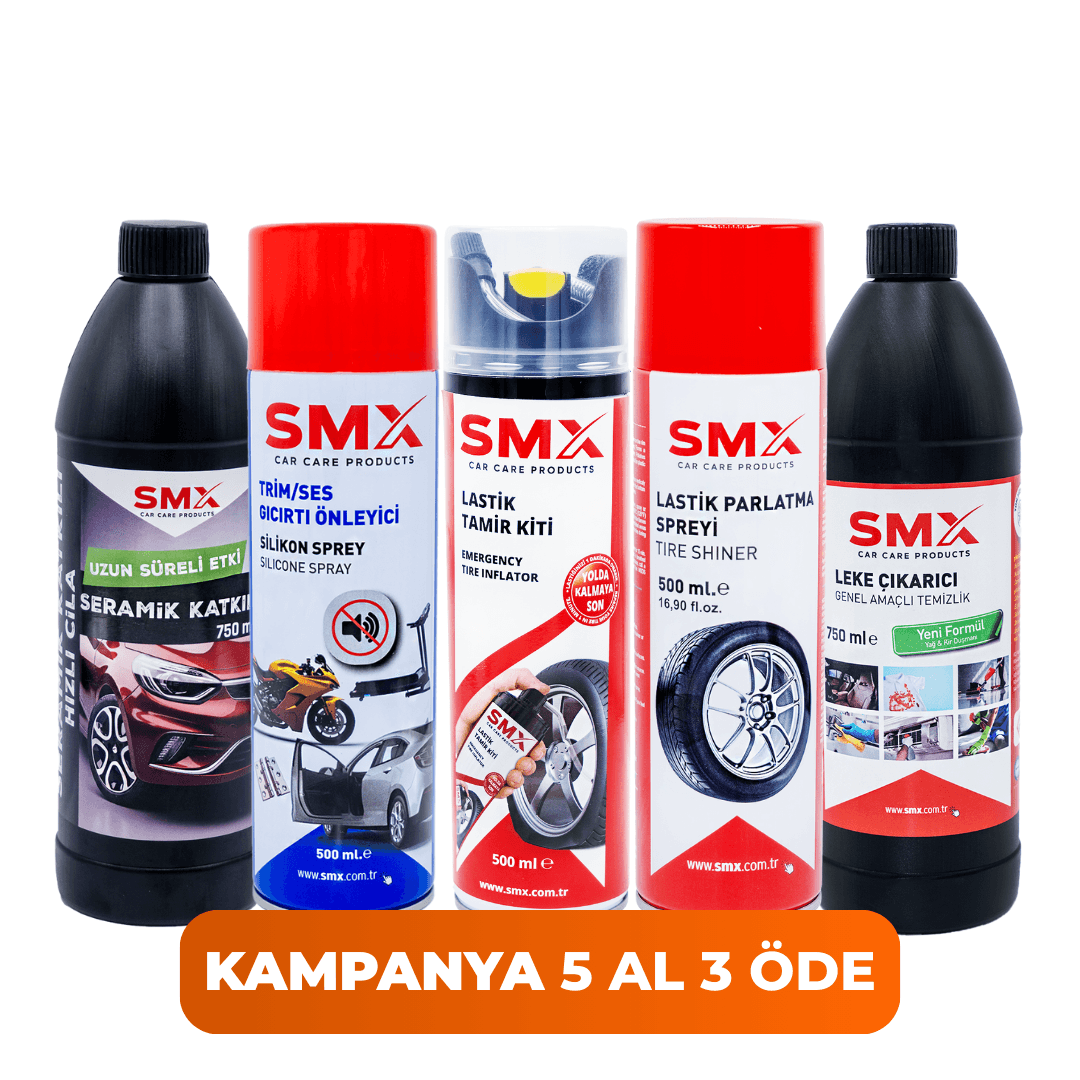 Leke Çıkarıcı 750ml + Seramik Katkılı Hızlı ve Pratik Cila 750ml + Trim-Ses-Gıcırtı Önleyici Sprey 500 mL. + Lastik Parlatma Spreyi 500 mL. + Lastik Tamir Kiti 500 ml +  🎁 5 Al, 3 Öde!