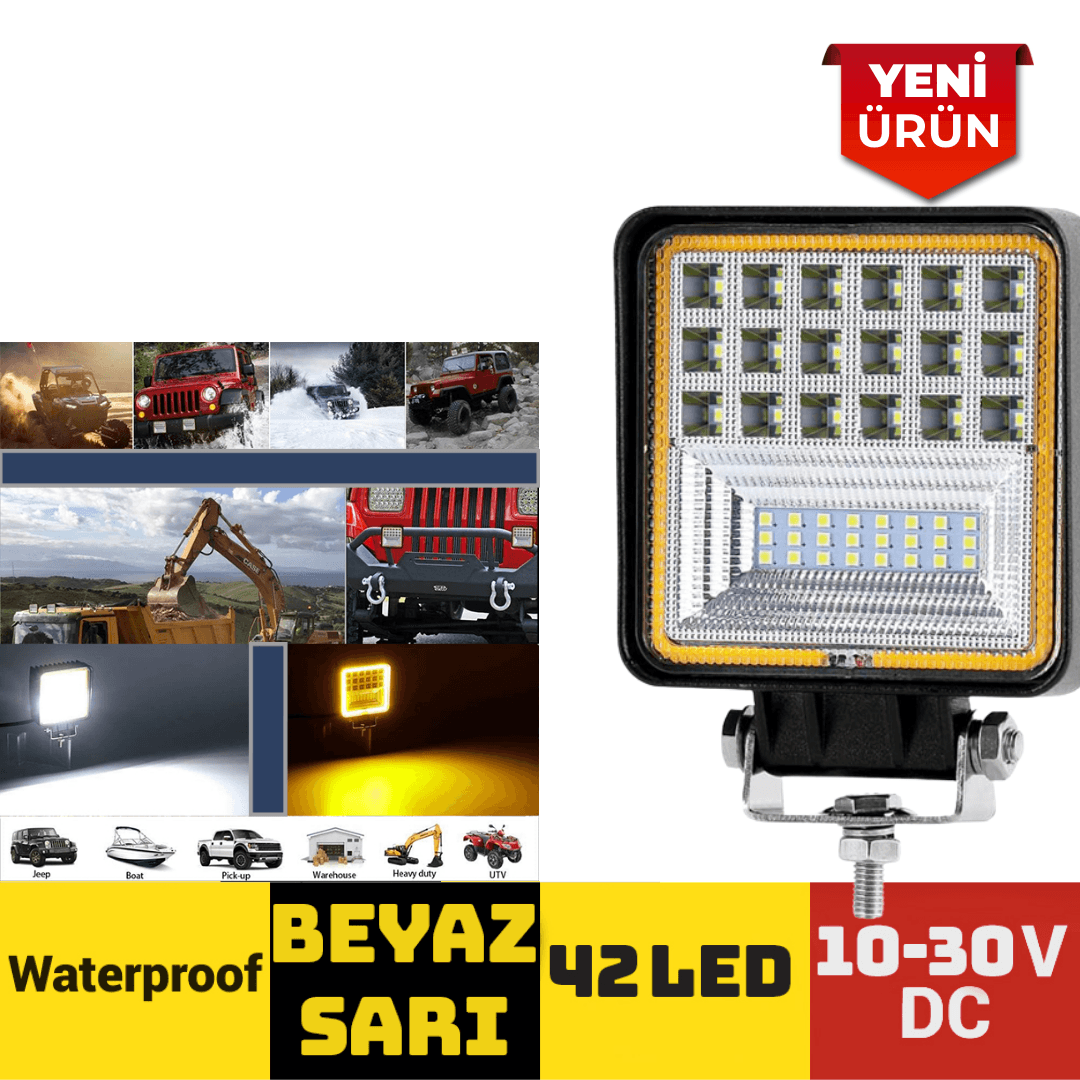 10-30V 42 Ledli Çift Renkli Kare OFF-ROAD Lambası (BEYAZ & SARI) 301 0605