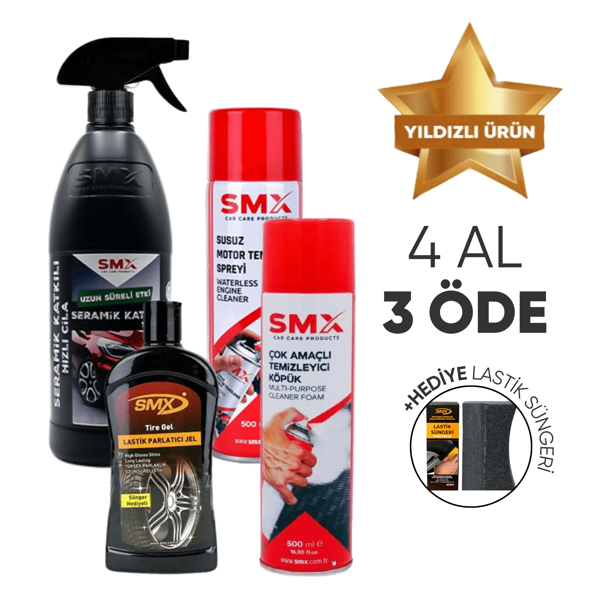 Seramik Katkılı Hızlı ve Pratik Cila 750ml.+ Susuz Motor Temizleyici 500 Ml+Çok Amaçlı Temizleyici Köpük 500 ml+Jel Lastik Parlatıcı 500 ml 🎁 4 Adet Al, 3 Öde! 