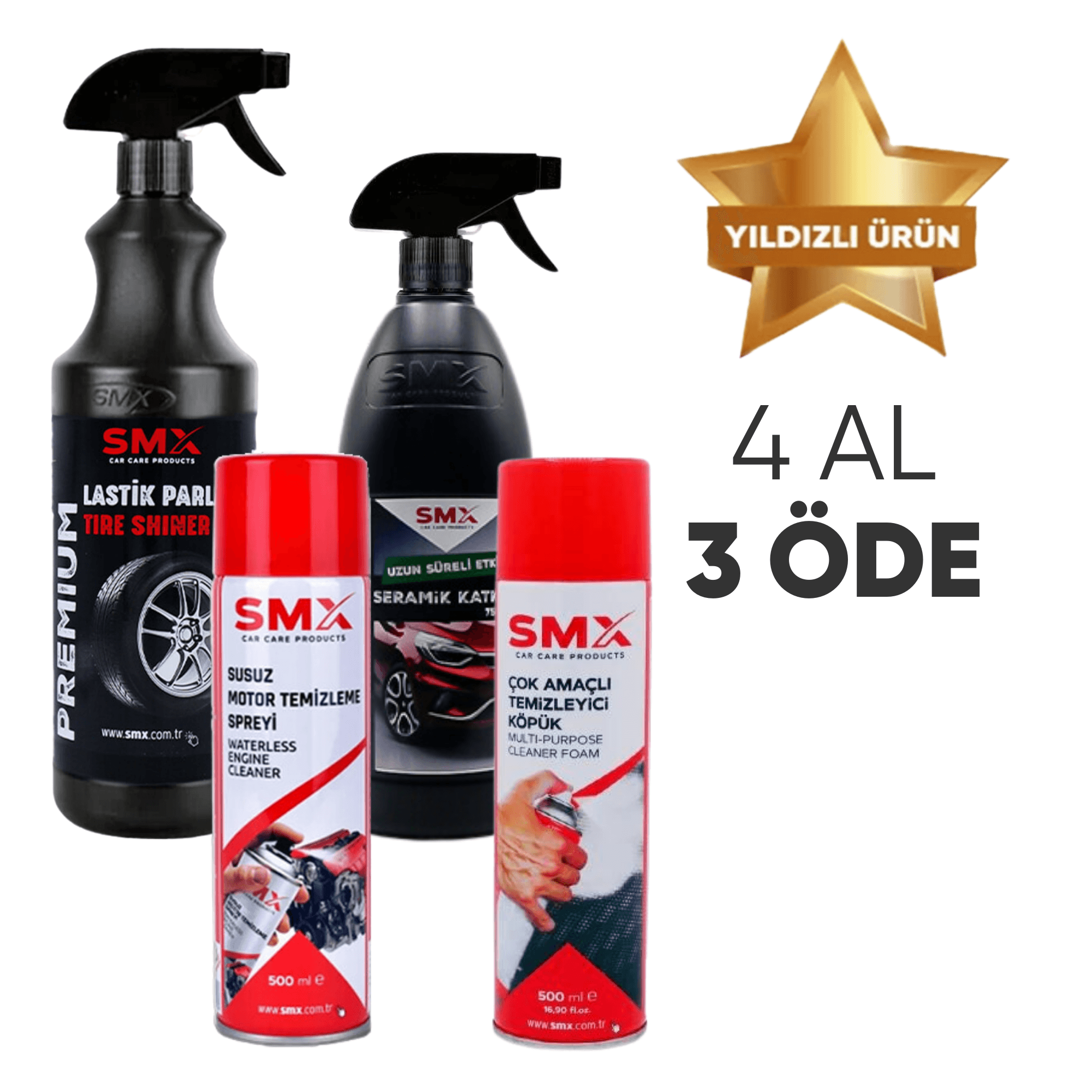 Seramik Katkılı Hızlı ve Pratik Cila 750ml.+ Susuz Motor Temizleyici 500 Ml+Çok Amaçlı Temizleyici Köpük 500 ml+Lastik Parlatıcı 1lt 🎁 4 Adet Al, 3 Öde! 