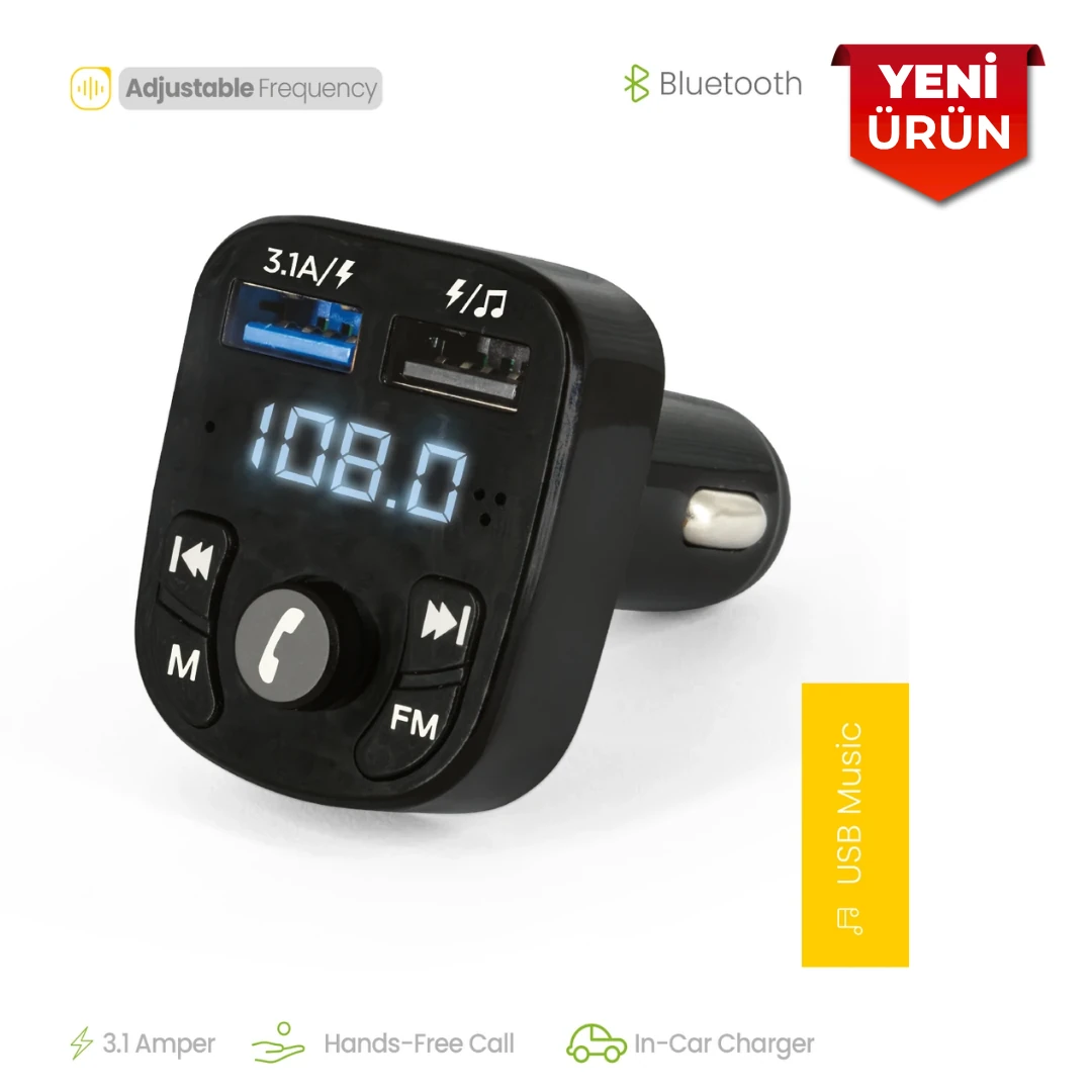 Bluetooth 5.0 Destekli FM Transmitter Araç Kiti, Araç Şarjı Çakmaklık Girişli, Oto Müzik Çalar Kiti, F8