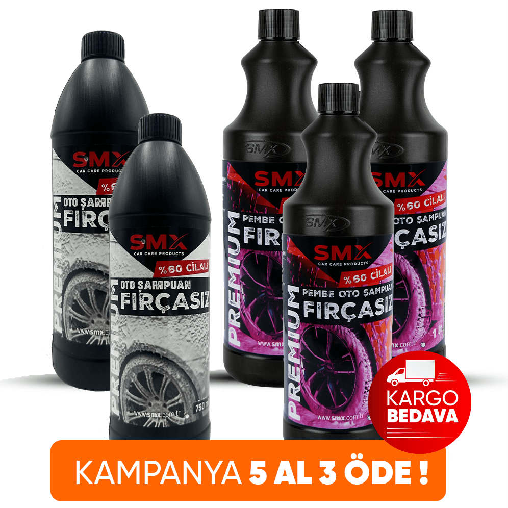 Premium Pembe %60 Cilalı Oto Şampuanı 750 ml 3 Adet +Premium %60 Cilalı Fırçasız Oto Şampuanı 1 Lt 2 Adet 🎁 5 Adet Al, 3 Öde!