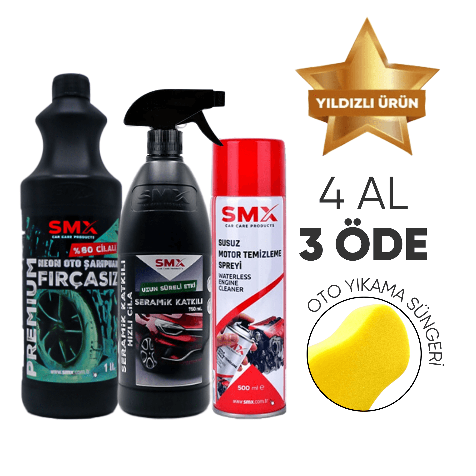 Susuz Motor Temizleyici 500ml+Seramik Katkılı Hızlı ve Pratik Cila 750 ml.+ %60 Cilalı Neon Oto Şampuanı 1lt+Oto Yıkama Süngeri 🎁 4 Adet Al, 3 Öde! 