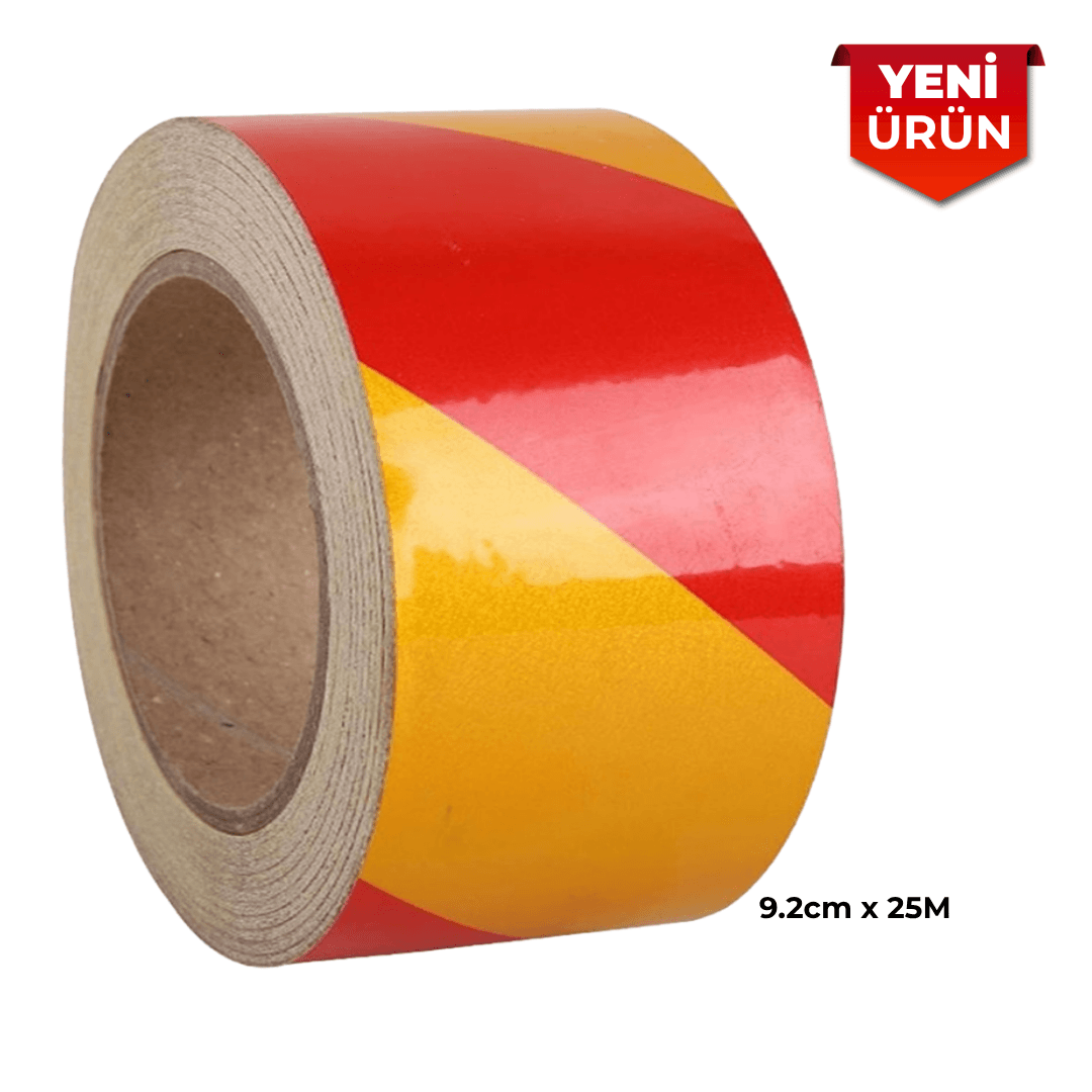 Reflektif Fosforlu Çapraz Şerit Bant, Çift Renk Reflekte İkaz Bandı 9.2cm x 25M