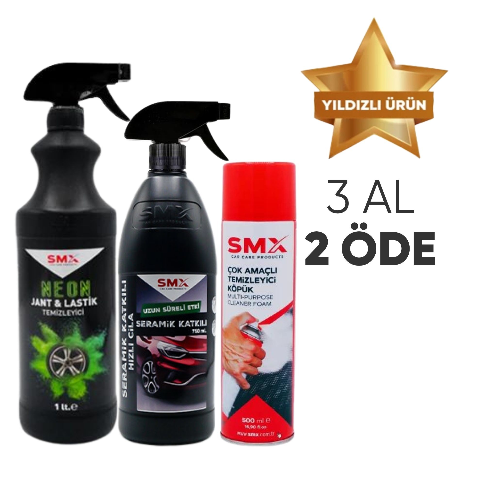 Çok Amaçlı Temizleyici Köpük 500 Ml + Neon Jant Temizleyici 1Lt.+ Seramik Katkılı Hızlı ve Pratik Cila 1Lt. 🎁 3 Adet Al, 2 Öde!