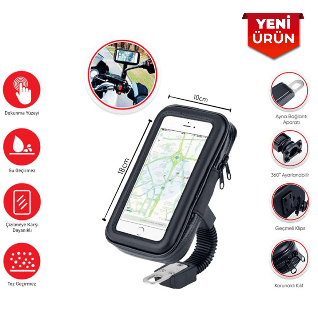 Motosiklet Telefon Tutucusu, Araç Gidonuna Monte Edilen Deri Fermuarlı Telefon Tutucu – 18 × 10 cm BR5901964
