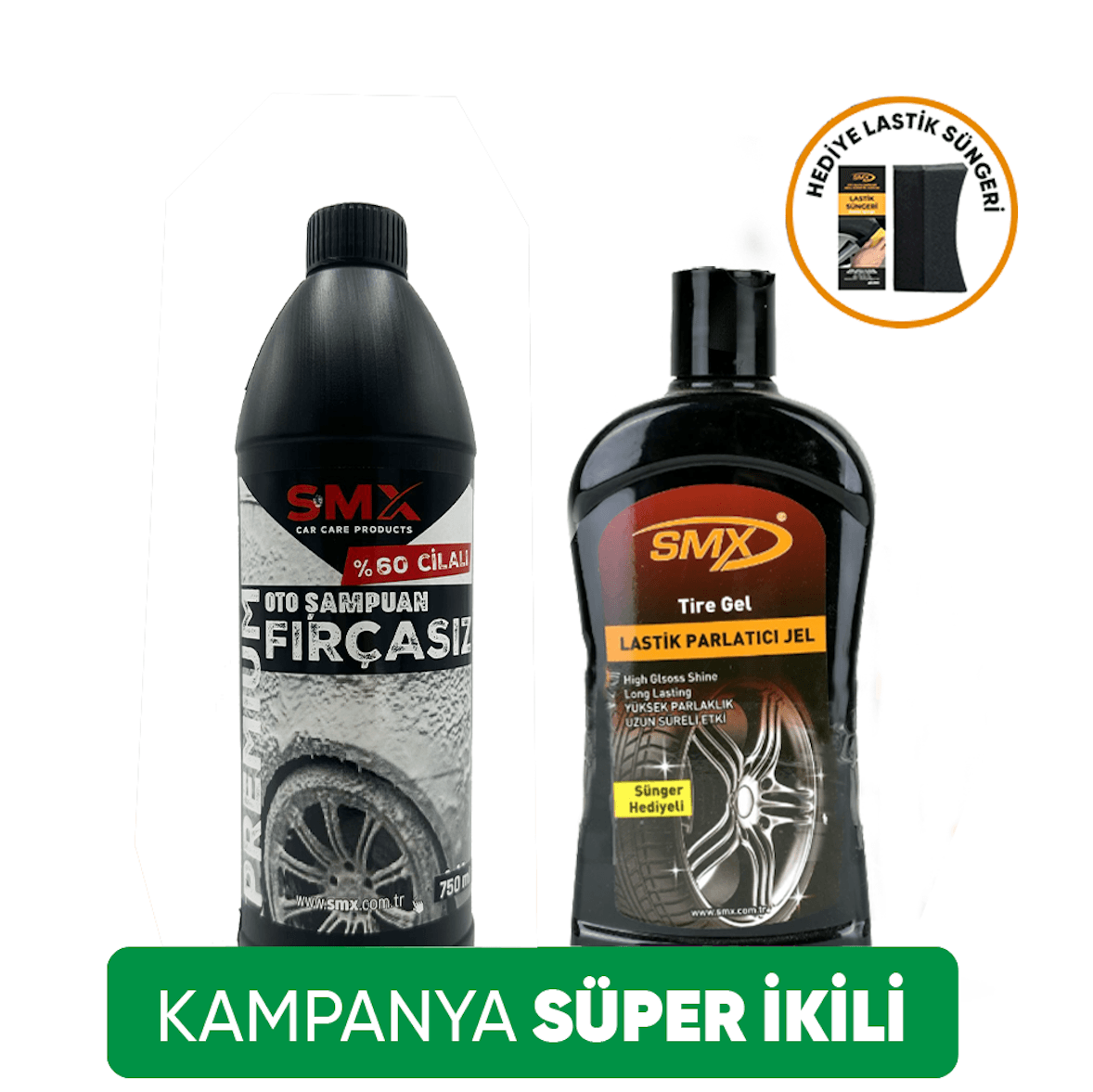 Premium %60 Cilalı Fırçasız Oto Şampuanı 750 ml + +Jel Lastik Parlatıcı 500 Ml + Sünger Hediye