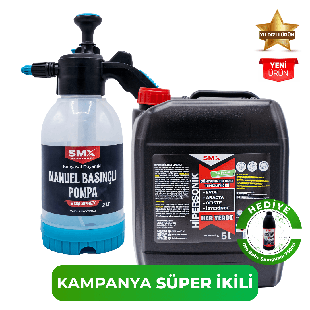 HİPERSONİK - Dünyanın En Hızlı Temizleyicisi 5 KG ve Manuel Basınçlı Kimyasal Likit Püskürtme Pompası 2 Lt. Bebe Şampuanı Hediye 