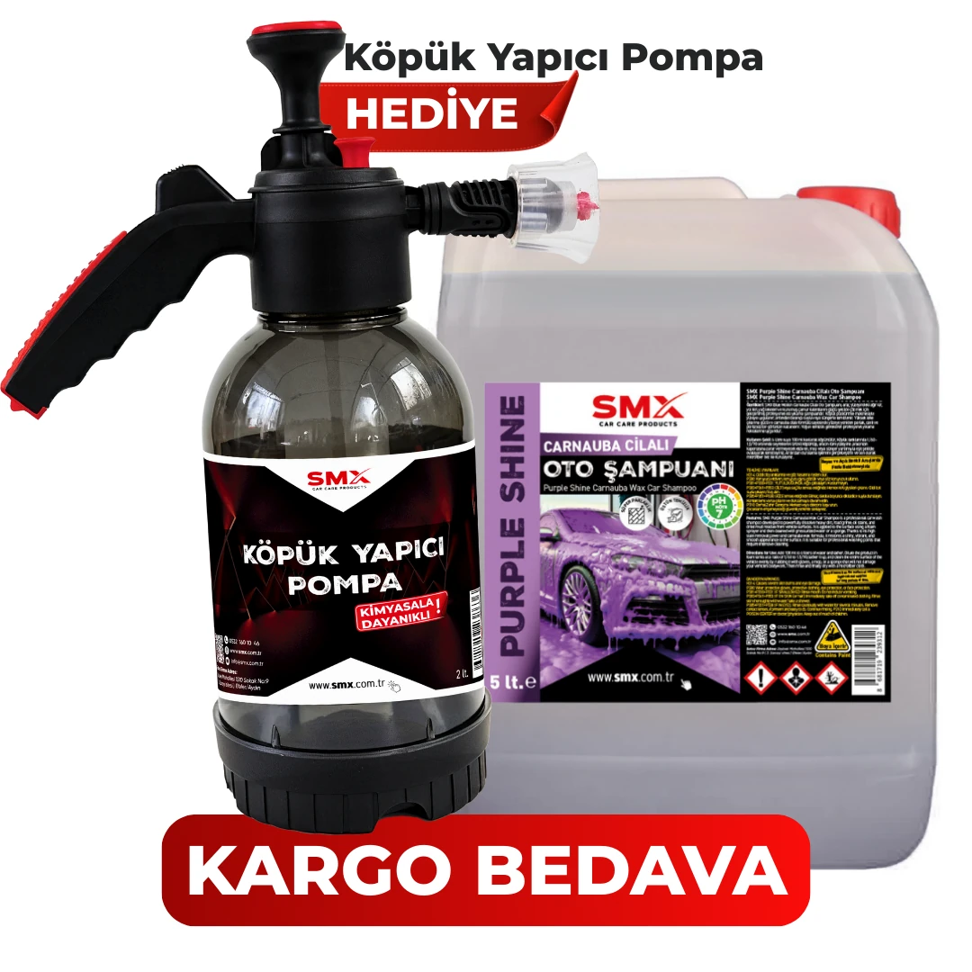 Purple Shine Carnauba Cilalı Mor Oto Şampuanı 5 Litre  +🎁 HEDİYE KÖPÜK Yapıcı Kimyasal Dayanımlı Basınçlı Pompa 2 Litre