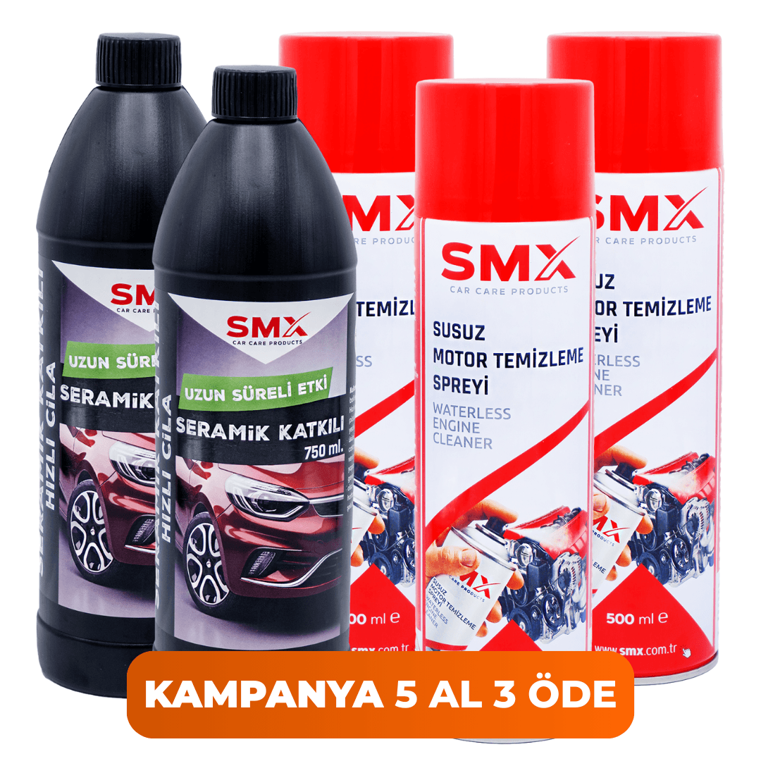 Susuz Motor Temizleme Spreyi 500 ml 3 Adet + Seramik Katkılı Hızlı ve Pratik Cila 750 ml 2 Adet 🎁 5 Adet Al, 3 Öde!