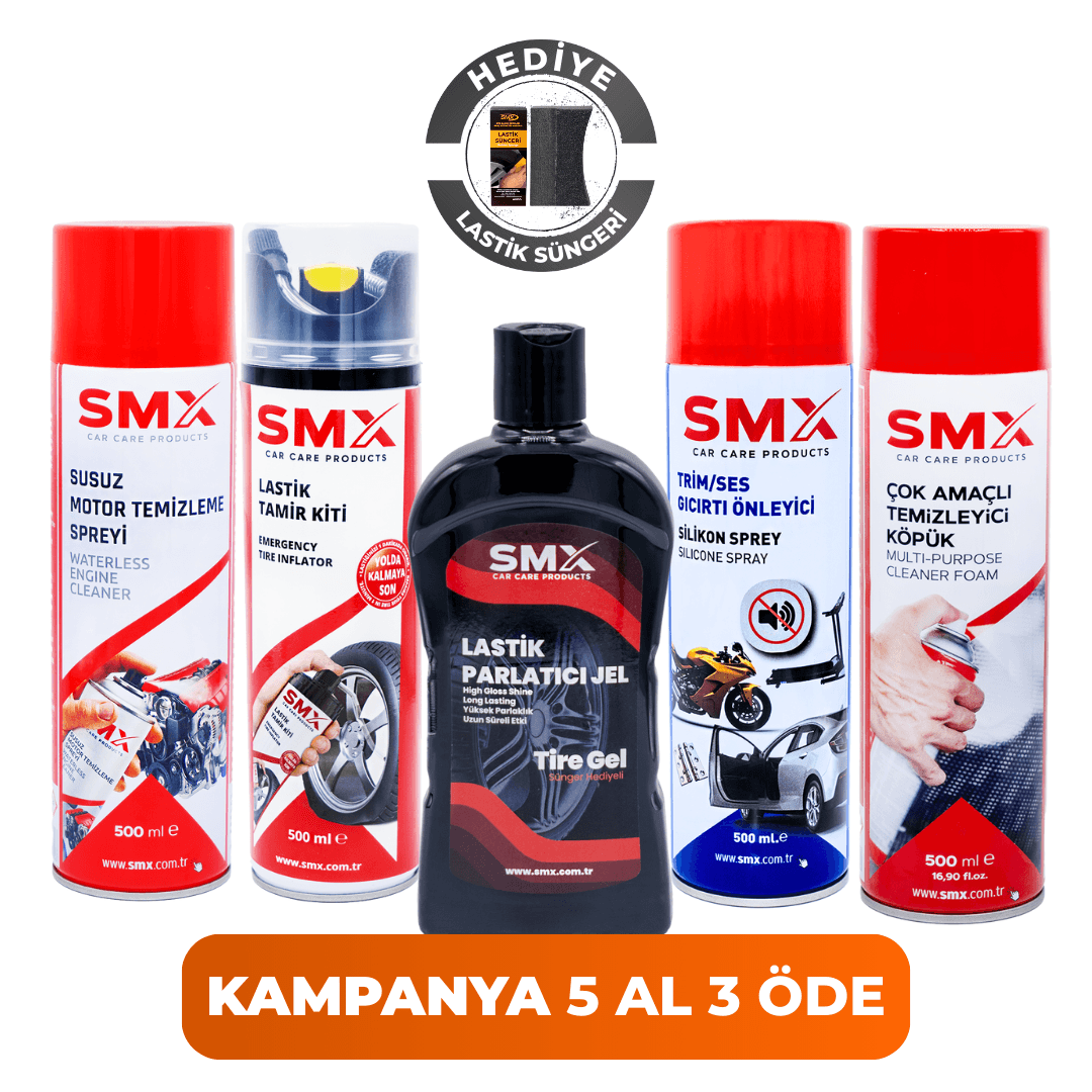  Trim-Ses-Gıcırtı Önleyici Sprey 500 ml + Lastik Tamir Kiti 500ml + Susuz Motor Temizleyici 500 ml + Çok Amaçlı Temizleyici Köpük 500 ml + Jel Lastik Parlatıcı 500 ml 🎁 5 Adet Al, 3 Öde!