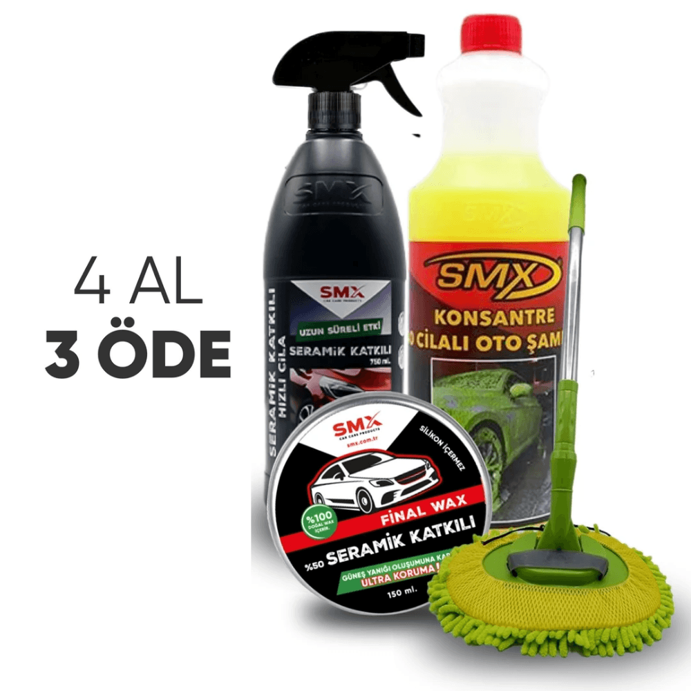 Seramik Katkılı Hızlı ve Pratik Cila 750ml. + Final Wax 150ml+Konsantre %50 Cilalı Oto Yıkama Şampuanı+ Smx Yedek Başlık Hediyeli Mop 🎁 4 Adet Al, 3 Öde! 