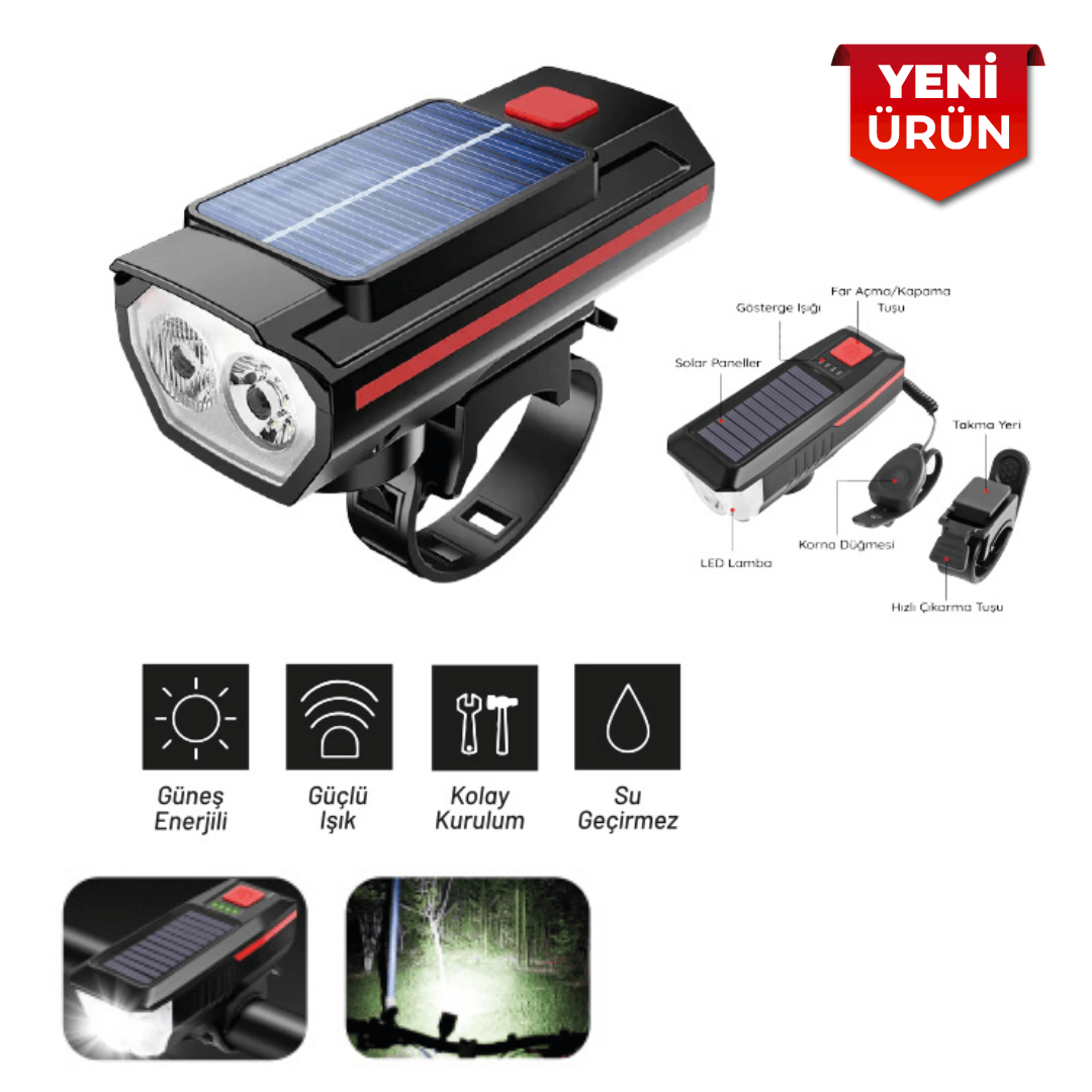 Güneş Enerjili Bisiklet Farı ve Elektronik Kornası 6030
