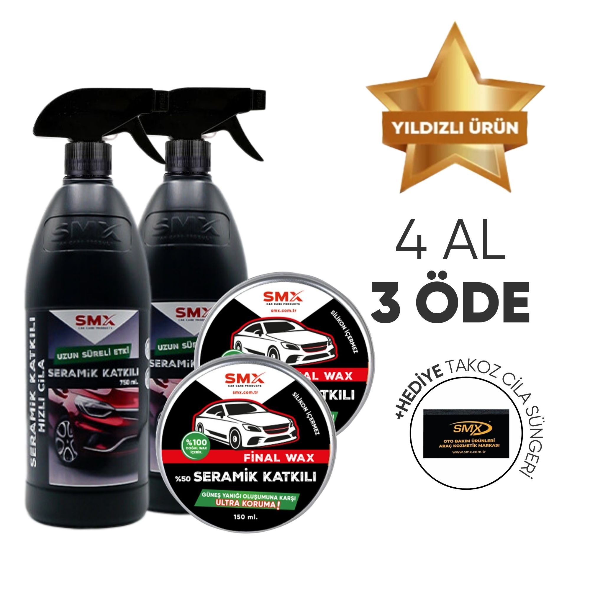 2 Adet Final Wax 150 Ml  + 2 Adet Seramik Katkılı Hızlı ve Pratik Cila 1 lt.+ Hediye Takoz Cila Süngeri 🎁 4 Adet Al, 3 Öde! 