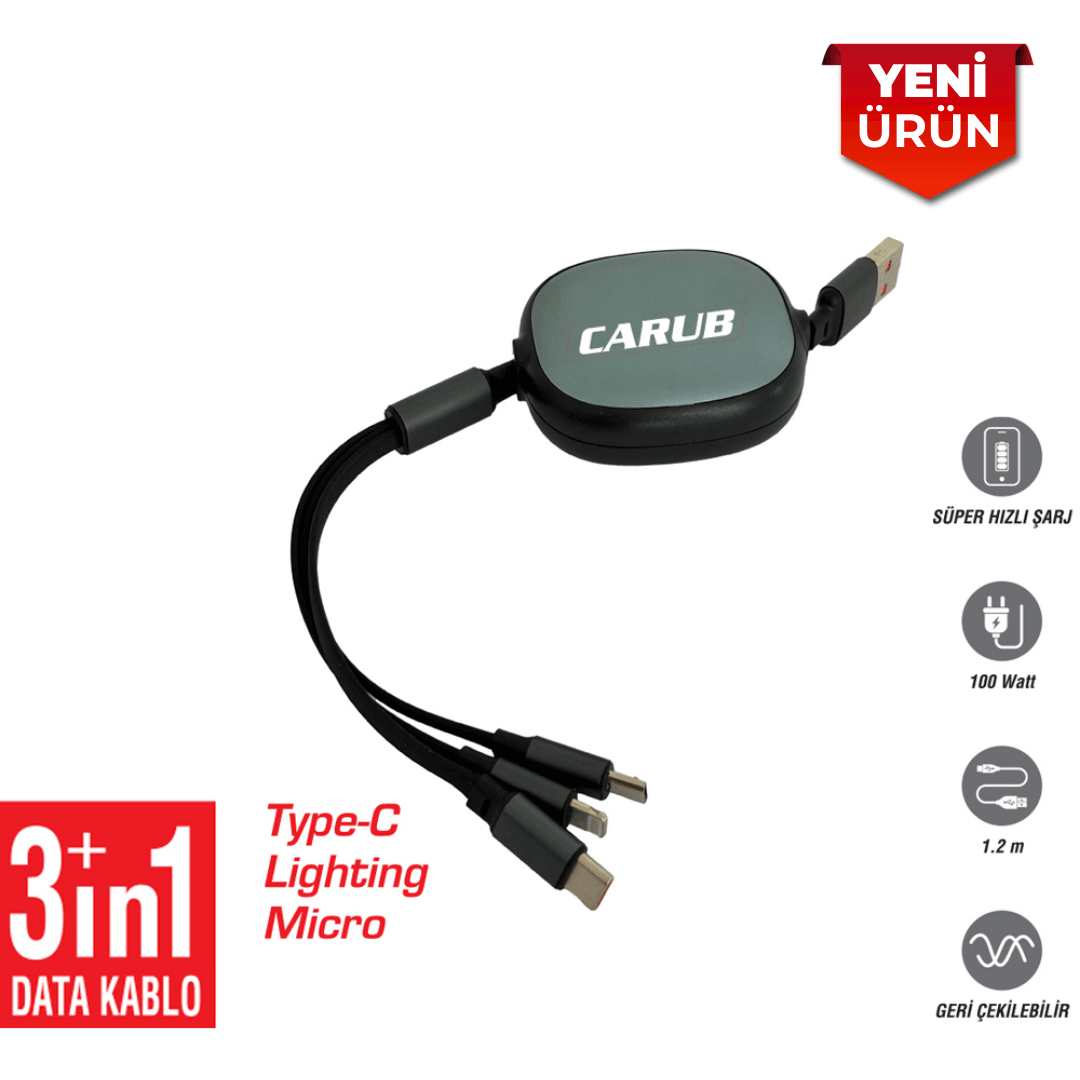 Araç İçi Şarj Kablosu, USB Uyumlu, Geri Çekilebilir Usb 1.2m 3in 1 BR5901867