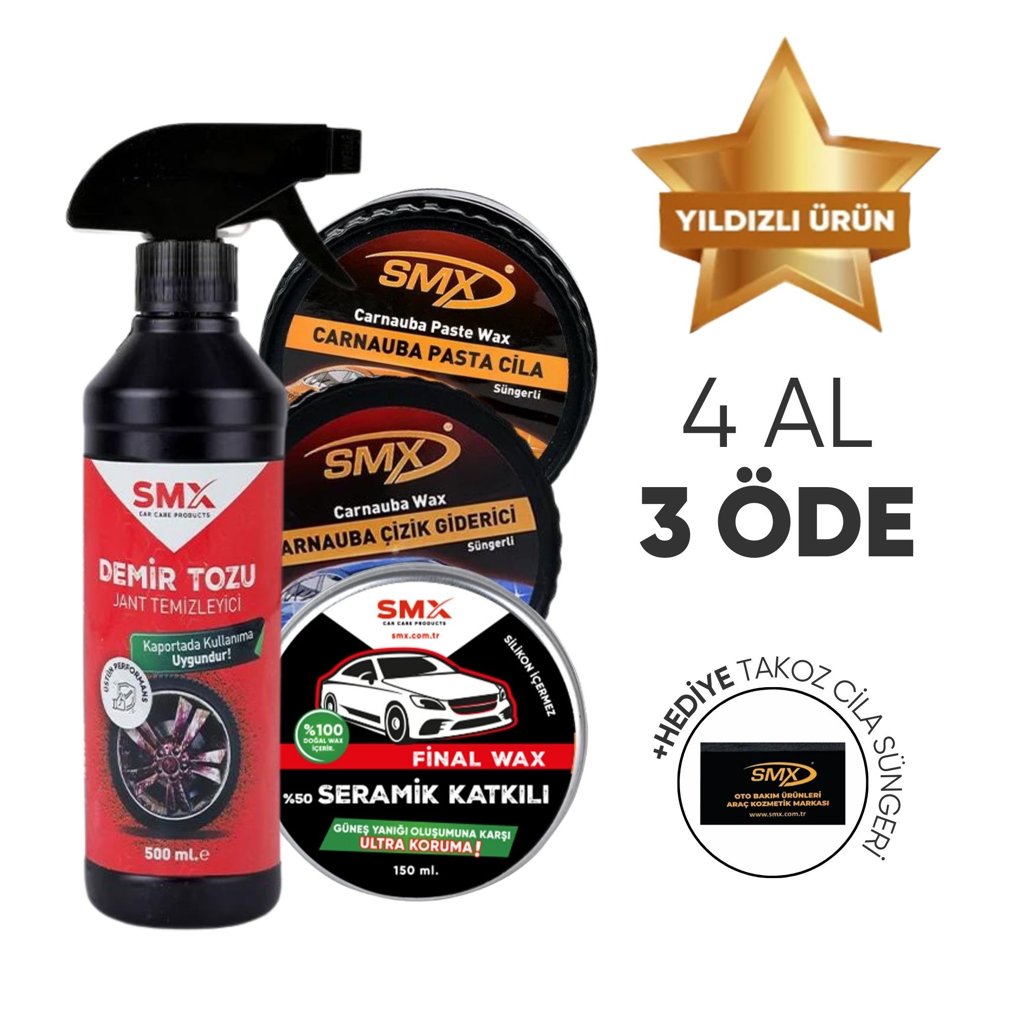 Demir Tozu & Jant Temizleyici 500ml +Çizik Giderici 270gr+Pasta Cila 270gr+ Final Wax 150ml + Hediye Takoz Cila Süngeri 🎁 4 Adet Al, 3 Öde!