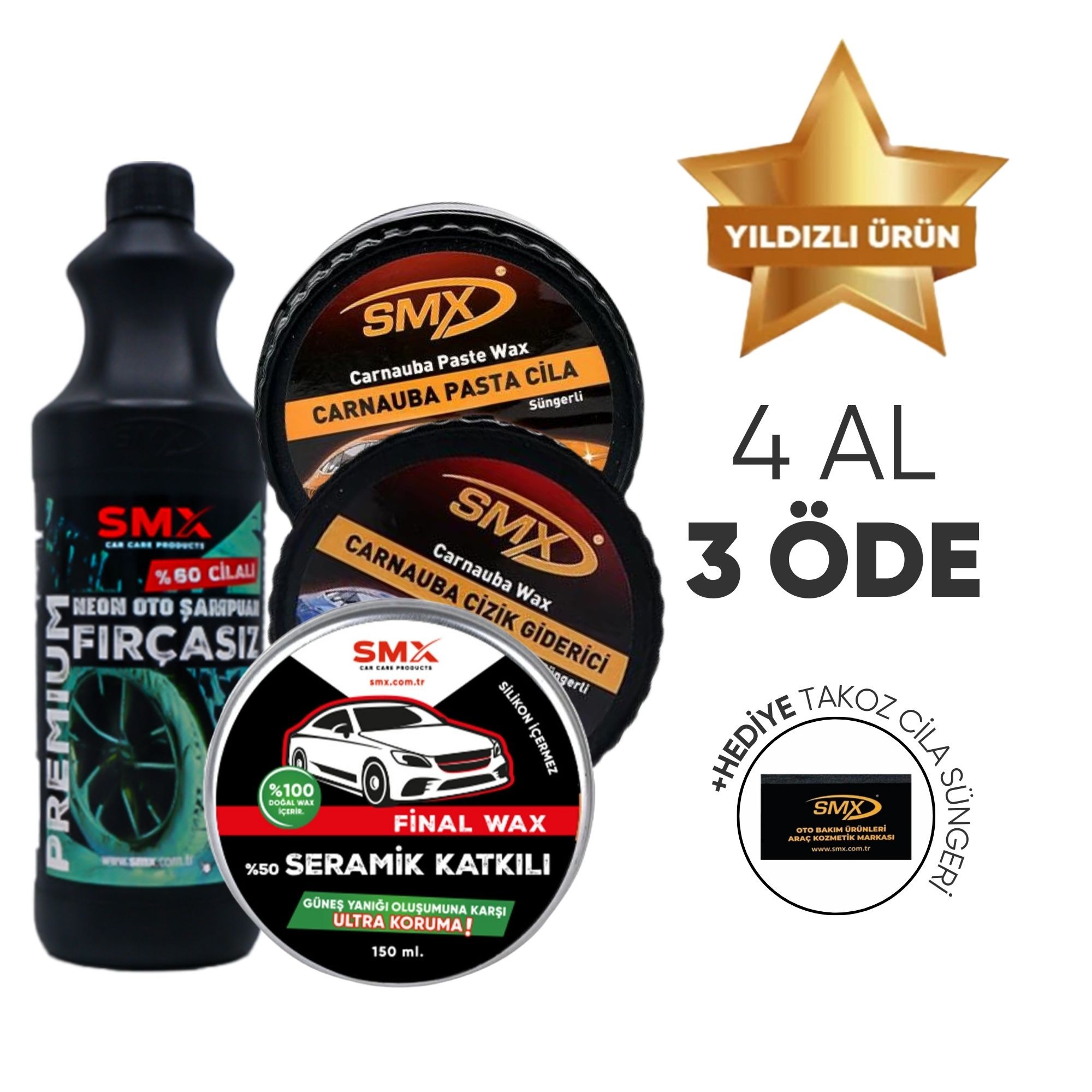 %60 Cilalı Neon Oto Şampuanı 1lt +Çizik Giderici 270gr+Pasta Cila 270gr + Final Wax 150ml+ Hediye Takoz Cila Süngeri 🎁 4 Adet Al, 3 Öde!