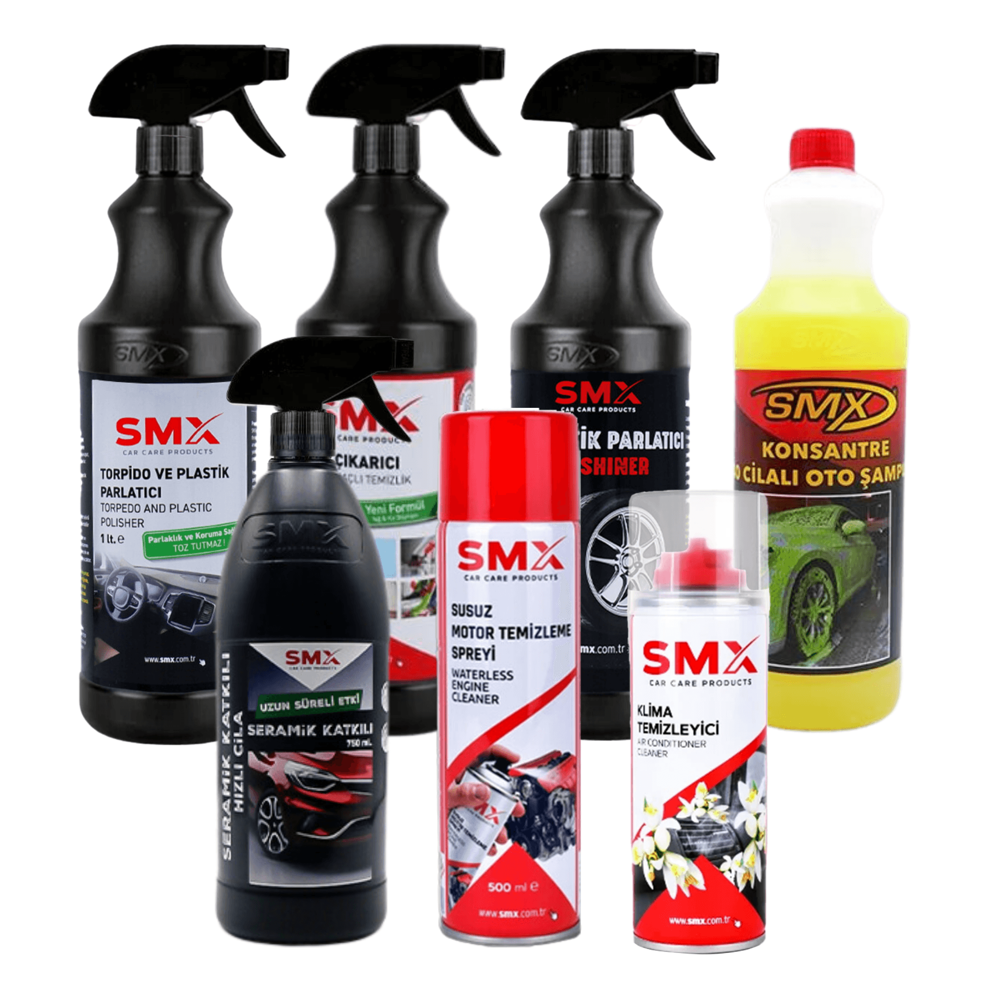 Susuz Motor Temizleme Spreyi 500Ml+Seramik Katkılı Hızlı ve Pratik Cila 750 ml.+Torpido ve Plastik Parlatıcı 1Lt.+Lastik Parlatıcı 1Lt.+Klima Temizleyici 200 Ml+Leke Çıkarıcı /Genel Amaçlı Temizlik Ürünü 1Lt+Konsantre %40 Cilalı Oto Şampuanı 1Lt.